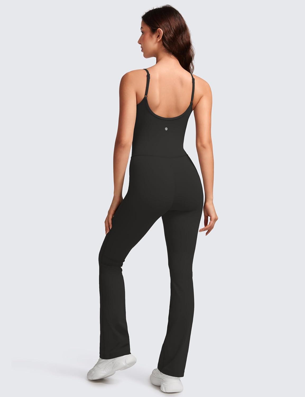 imageCRZ YOGA Butterluxe Flare Jumpsuits for Women Spaghetti Strap Workout Athletic Onesie Square Neck Bodysuits with Built in BraBlack