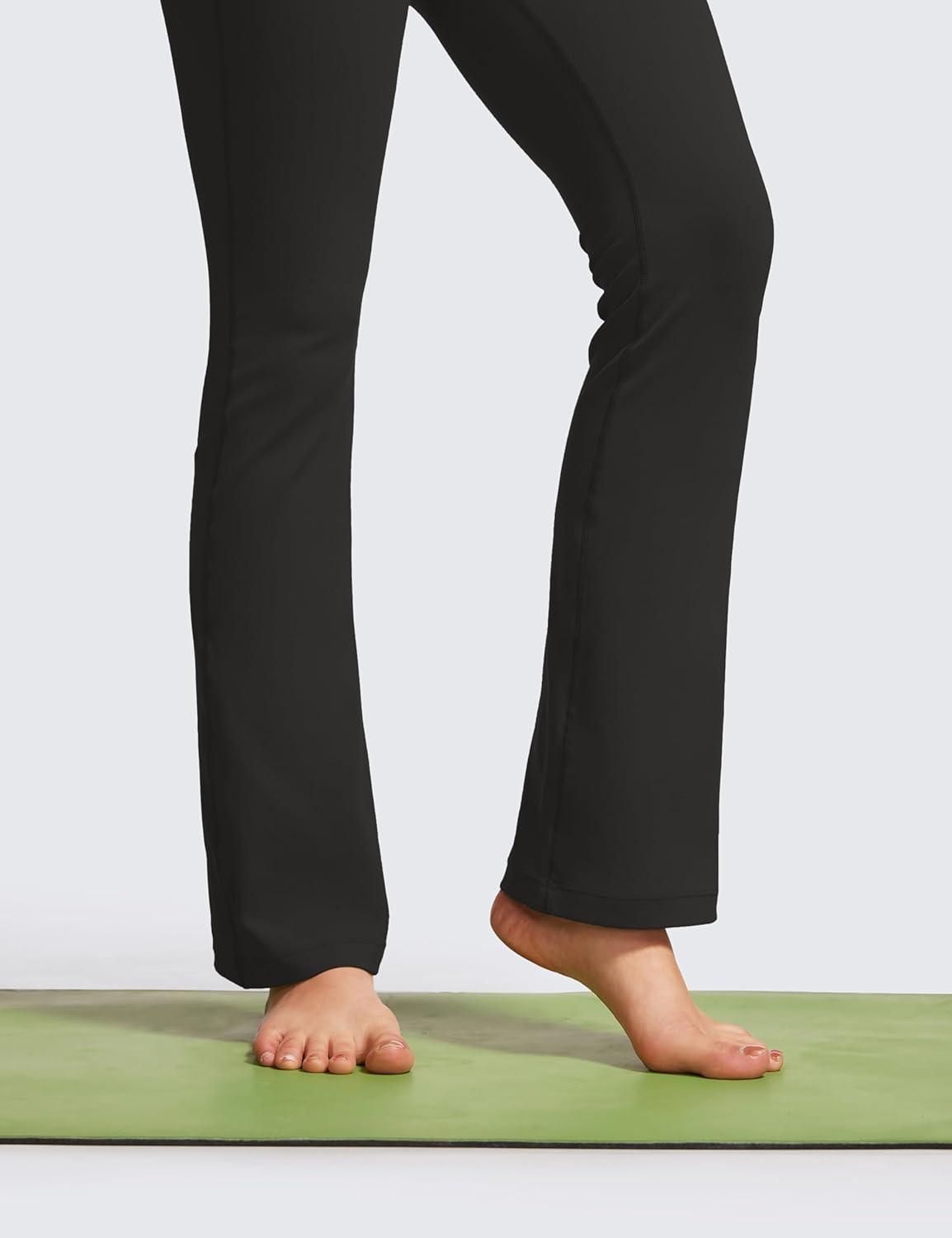 imageCRZ YOGA Butterluxe Flare Jumpsuits for Women Spaghetti Strap Workout Athletic Onesie Square Neck Bodysuits with Built in BraBlack