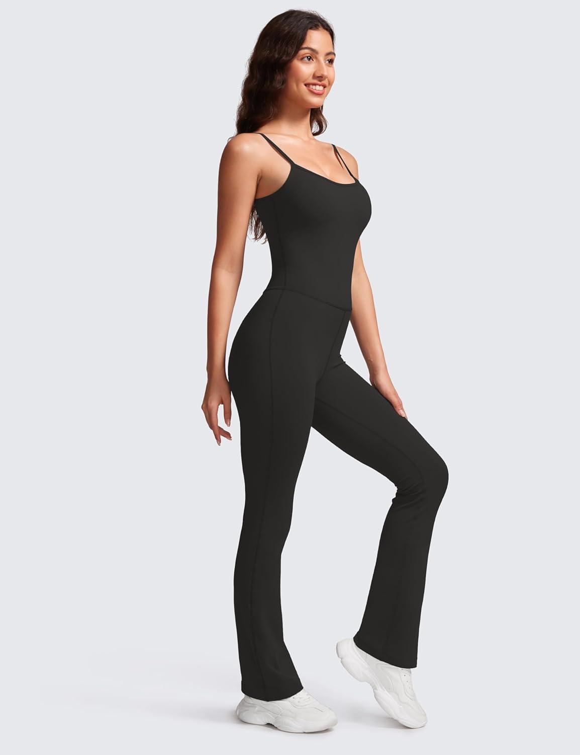 imageCRZ YOGA Butterluxe Flare Jumpsuits for Women Spaghetti Strap Workout Athletic Onesie Square Neck Bodysuits with Built in BraBlack
