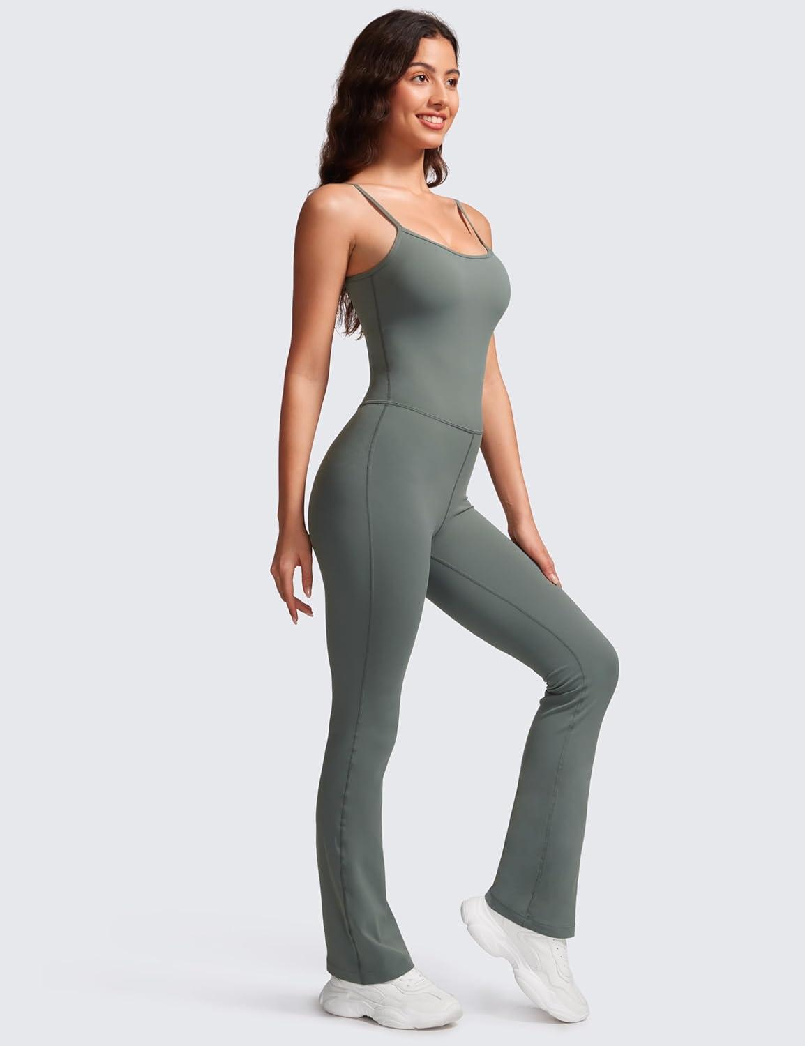 imageCRZ YOGA Butterluxe Flare Jumpsuits for Women Spaghetti Strap Workout Athletic Onesie Square Neck Bodysuits with Built in BraGrey Sage
