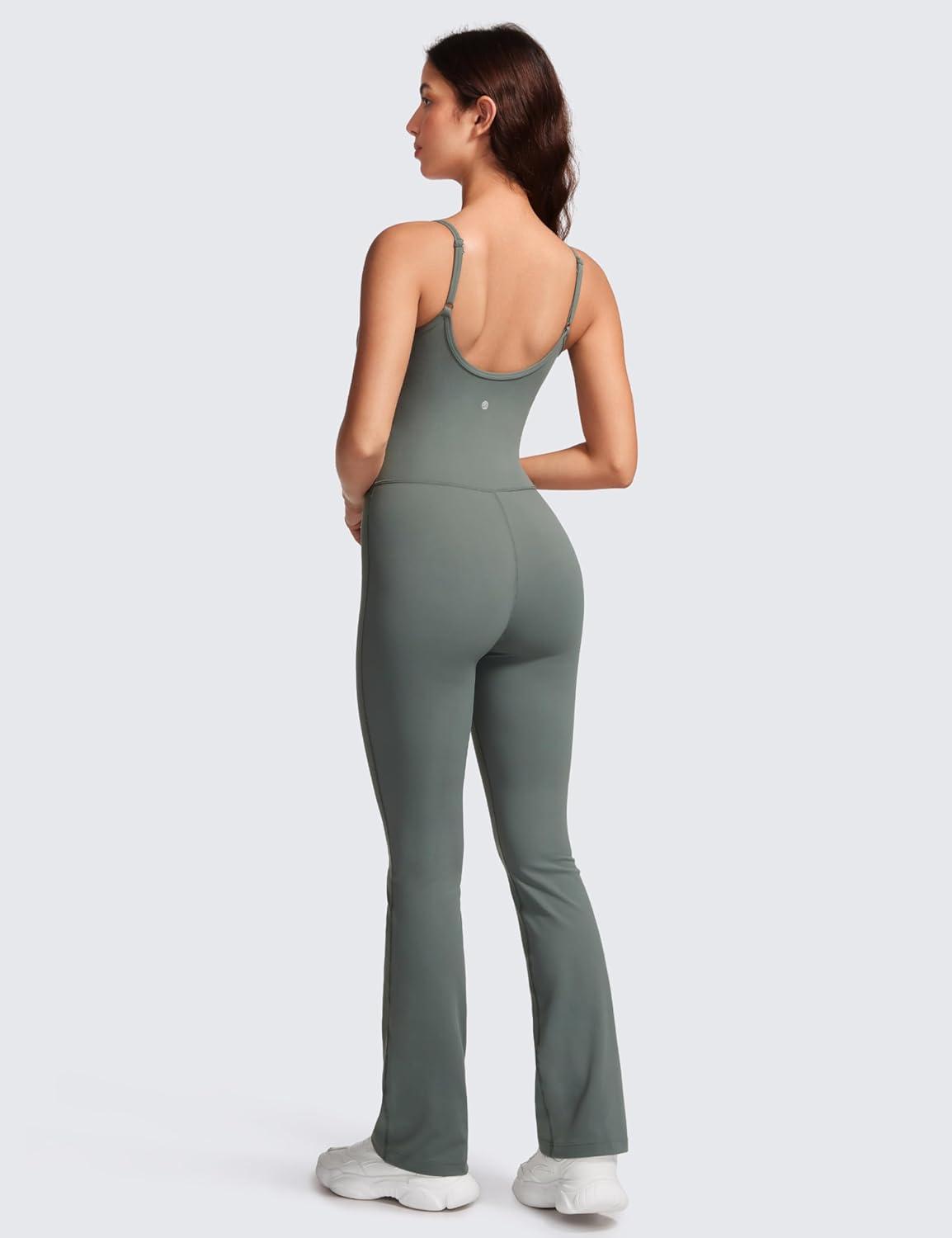 imageCRZ YOGA Butterluxe Flare Jumpsuits for Women Spaghetti Strap Workout Athletic Onesie Square Neck Bodysuits with Built in BraGrey Sage