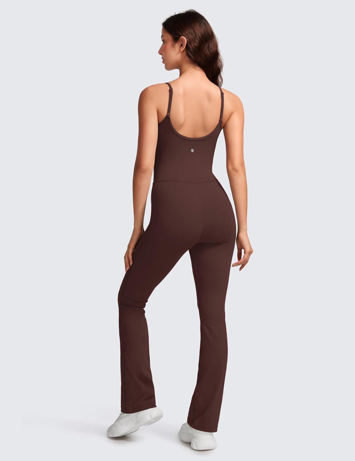 imageCRZ YOGA Butterluxe Flare Jumpsuits for Women Spaghetti Strap Workout Athletic Onesie Square Neck Bodysuits with Built in BraTaupe