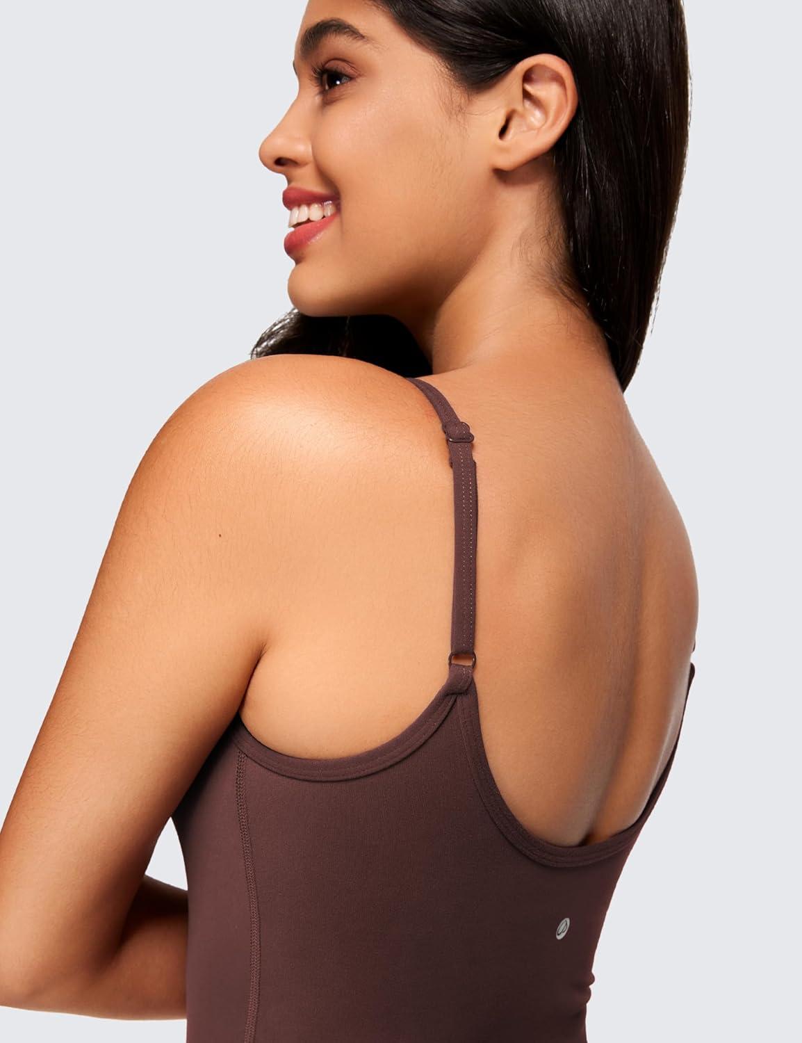 imageCRZ YOGA Butterluxe Flare Jumpsuits for Women Spaghetti Strap Workout Athletic Onesie Square Neck Bodysuits with Built in BraTaupe