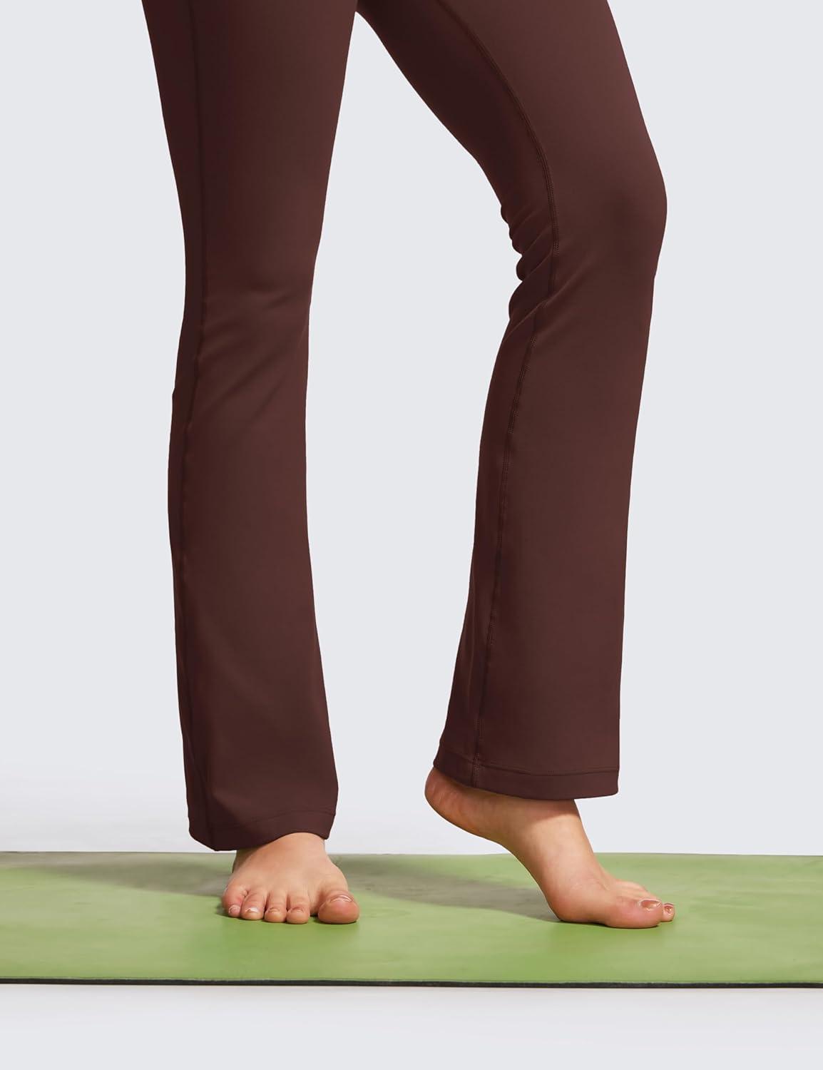 imageCRZ YOGA Butterluxe Flare Jumpsuits for Women Spaghetti Strap Workout Athletic Onesie Square Neck Bodysuits with Built in BraTaupe