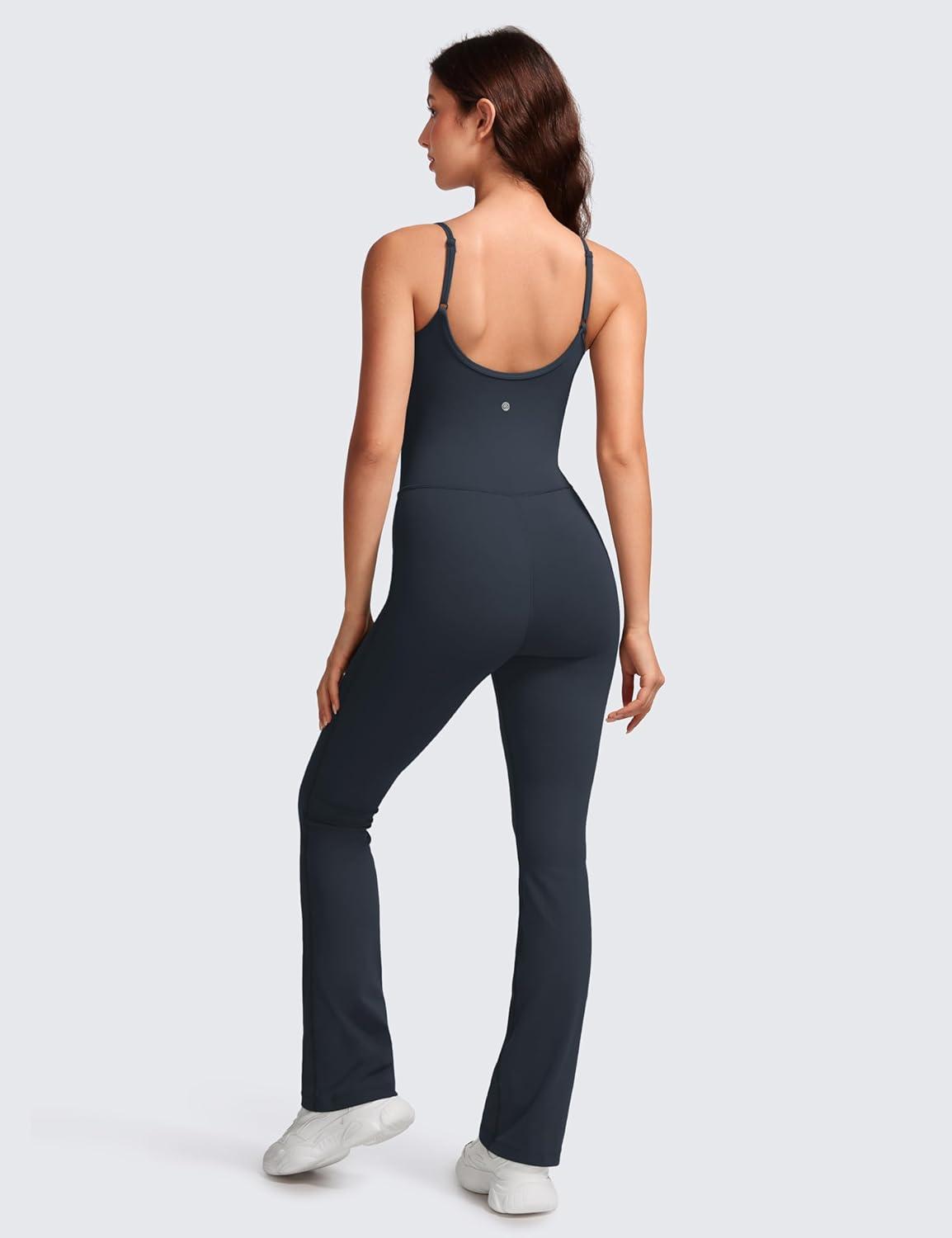 imageCRZ YOGA Butterluxe Flare Jumpsuits for Women Spaghetti Strap Workout Athletic Onesie Square Neck Bodysuits with Built in BraTrue Navy