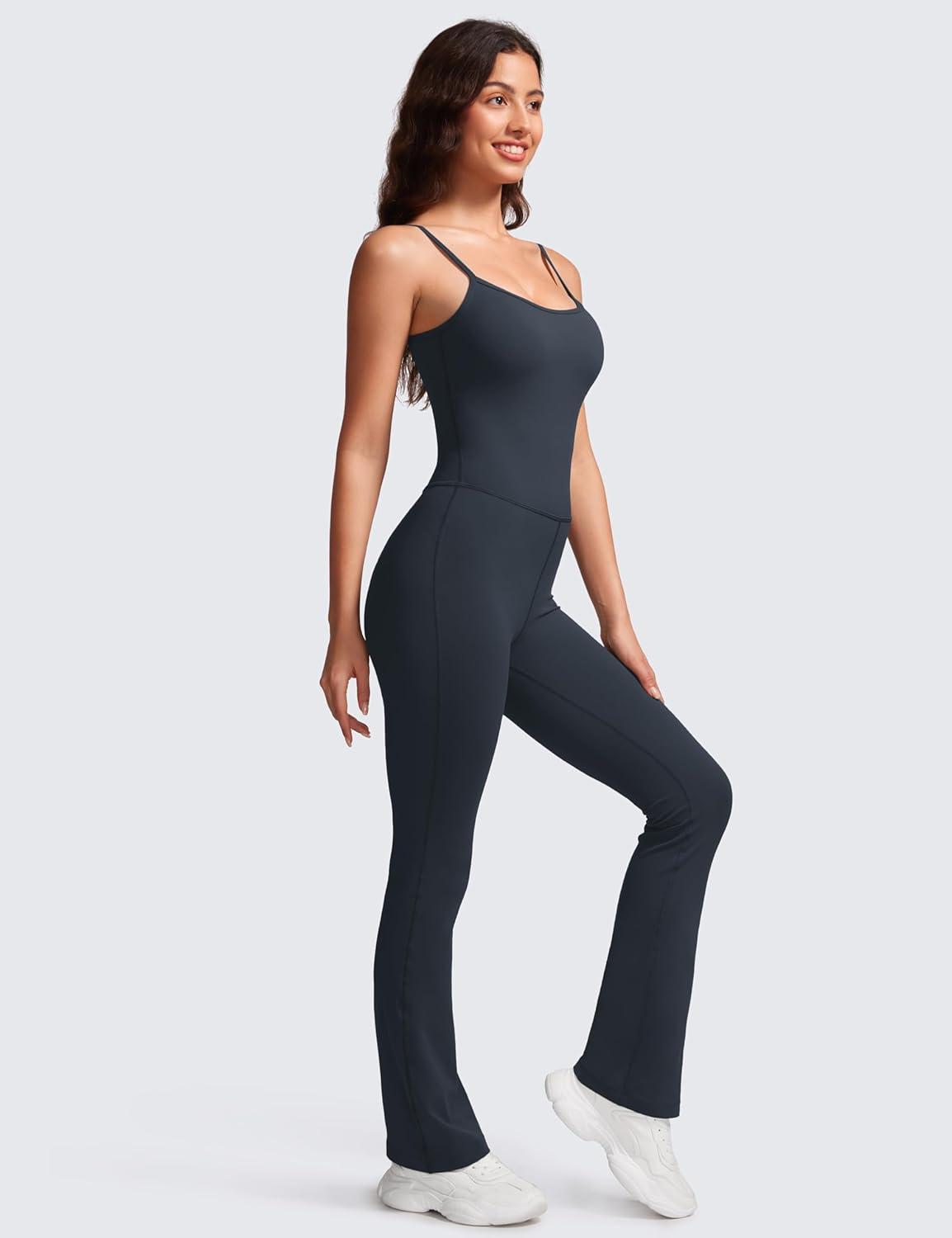 imageCRZ YOGA Butterluxe Flare Jumpsuits for Women Spaghetti Strap Workout Athletic Onesie Square Neck Bodysuits with Built in BraTrue Navy