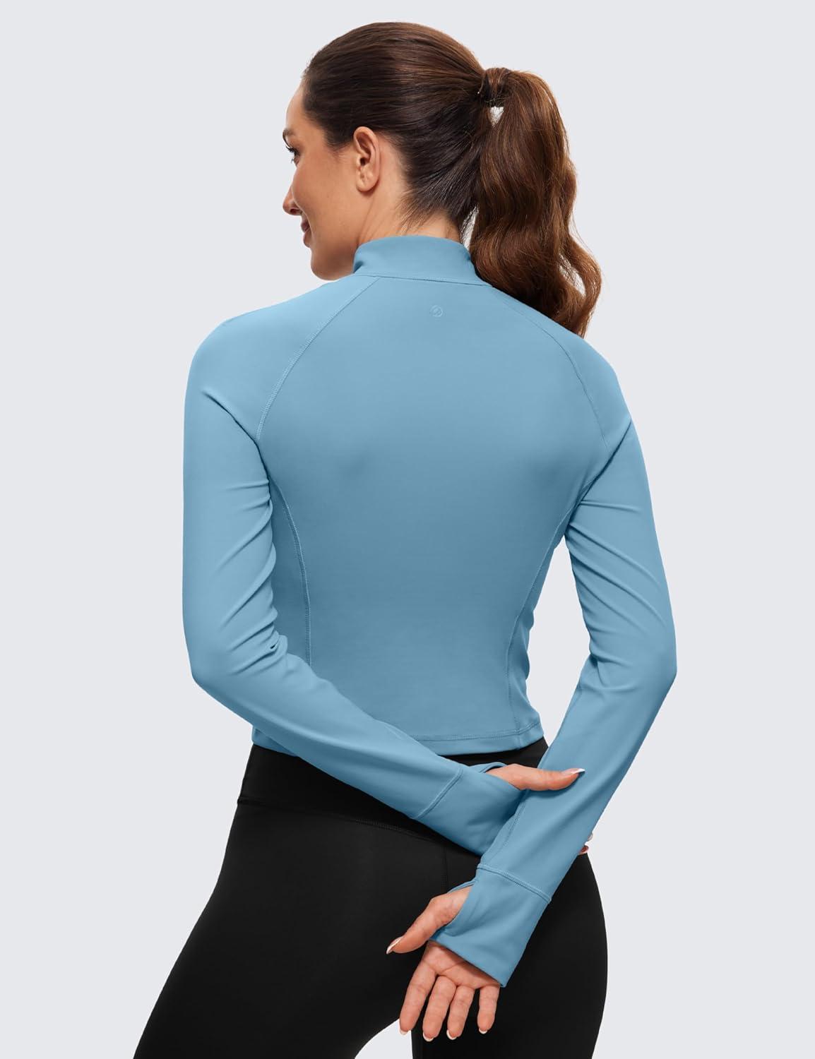 imageCRZ YOGA Butterluxe Half Zip Long Sleeve Shirts for Women Workout Athletic Yoga Tops Crop Collared Quarter Zipper TShirtPure Blue