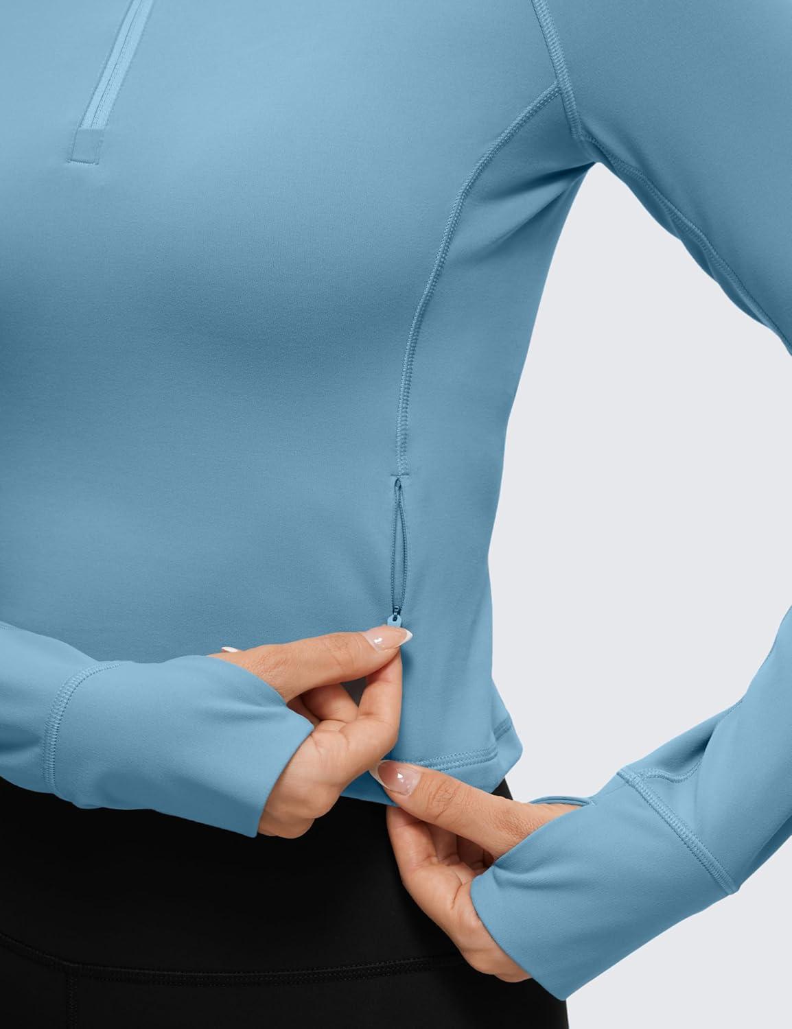 imageCRZ YOGA Butterluxe Half Zip Long Sleeve Shirts for Women Workout Athletic Yoga Tops Crop Collared Quarter Zipper TShirtPure Blue