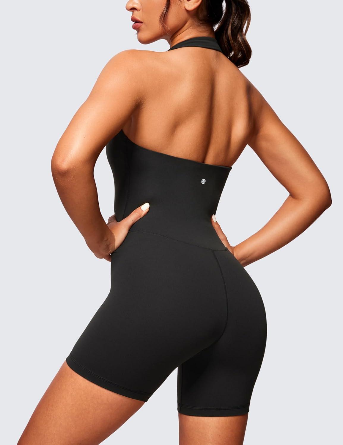 imageCRZ YOGA Butterluxe Halter Backless Athletic Rompers for Women Workout Bodycon One Piece Shorts Jumpsuit with PadsBlack
