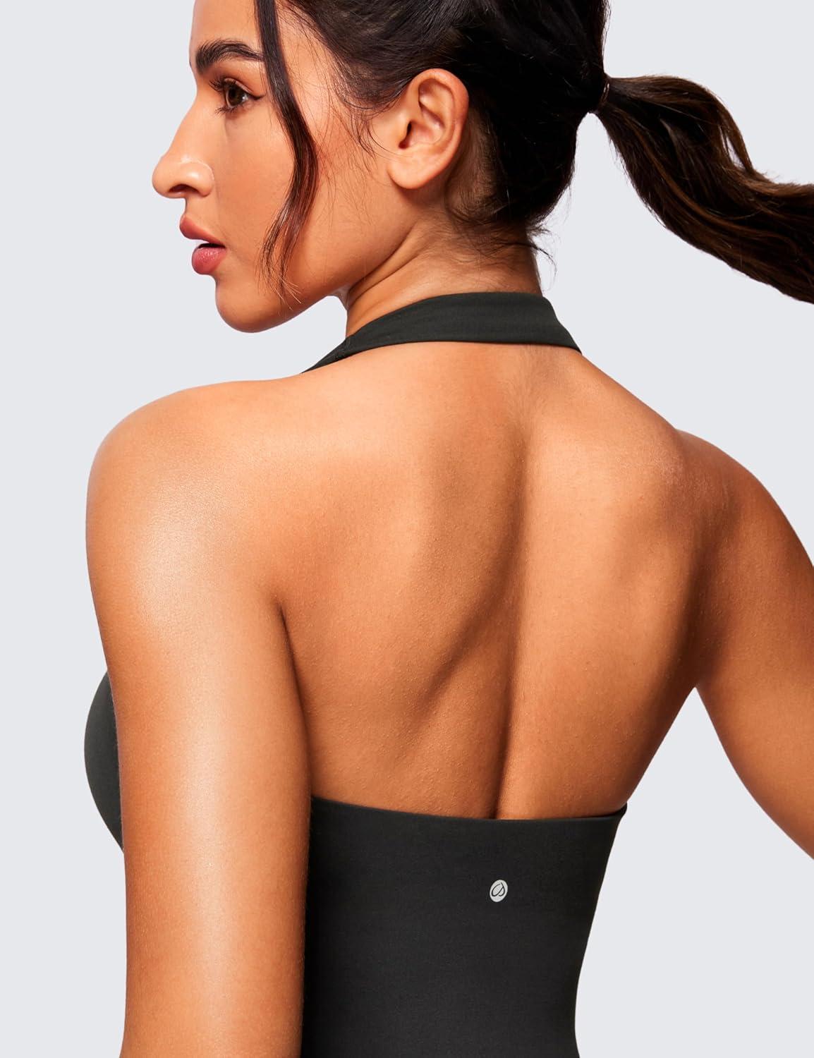 imageCRZ YOGA Butterluxe Halter Backless Athletic Rompers for Women Workout Bodycon One Piece Shorts Jumpsuit with PadsBlack