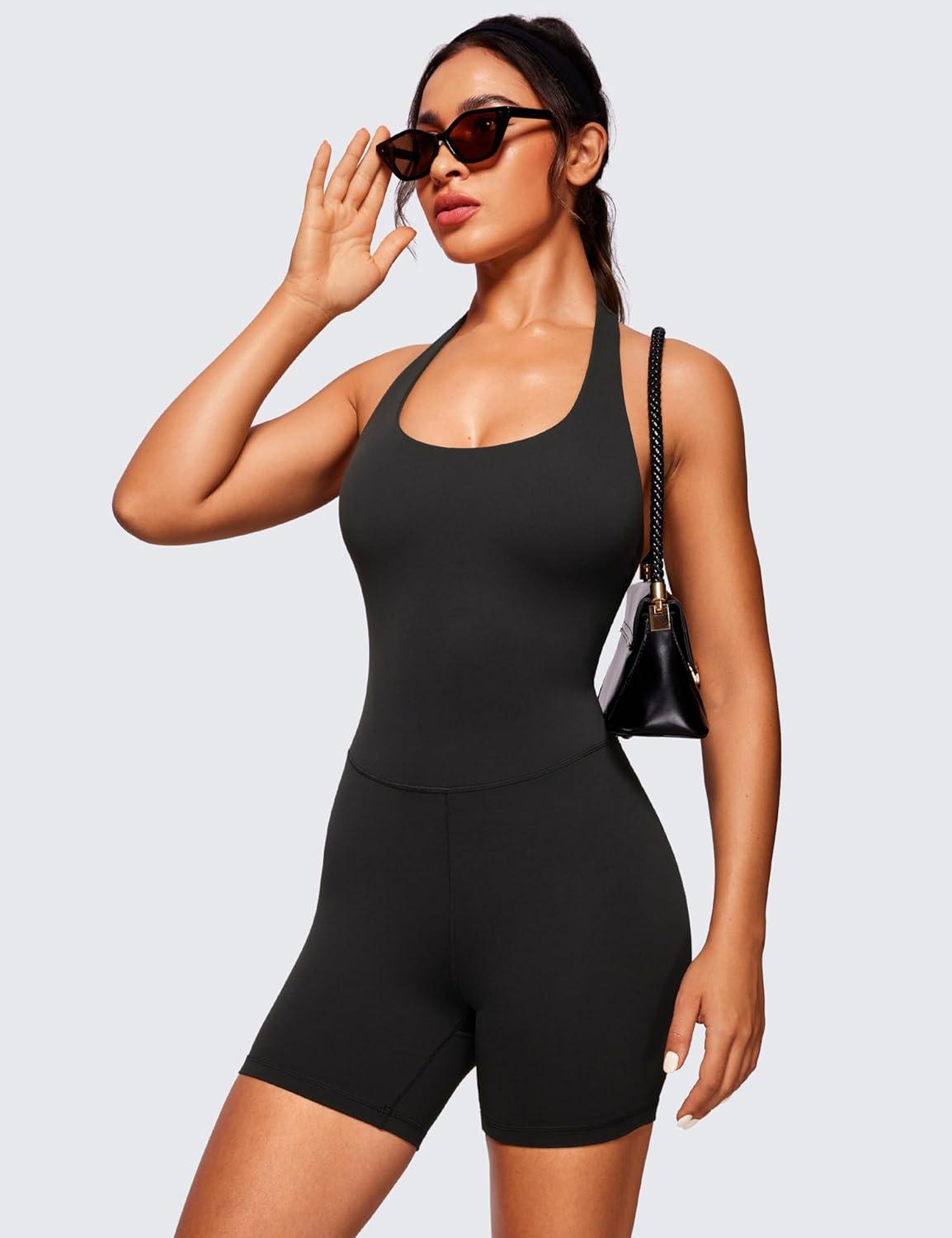 imageCRZ YOGA Butterluxe Halter Backless Athletic Rompers for Women Workout Bodycon One Piece Shorts Jumpsuit with PadsBlack