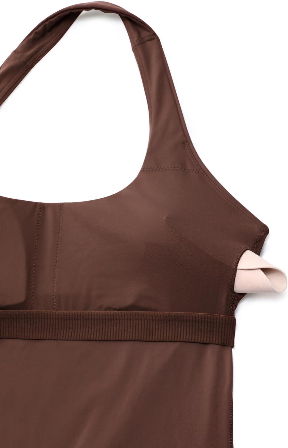 imageCRZ YOGA Butterluxe Halter Backless Athletic Rompers for Women Workout Bodycon One Piece Shorts Jumpsuit with PadsCoffee Brown