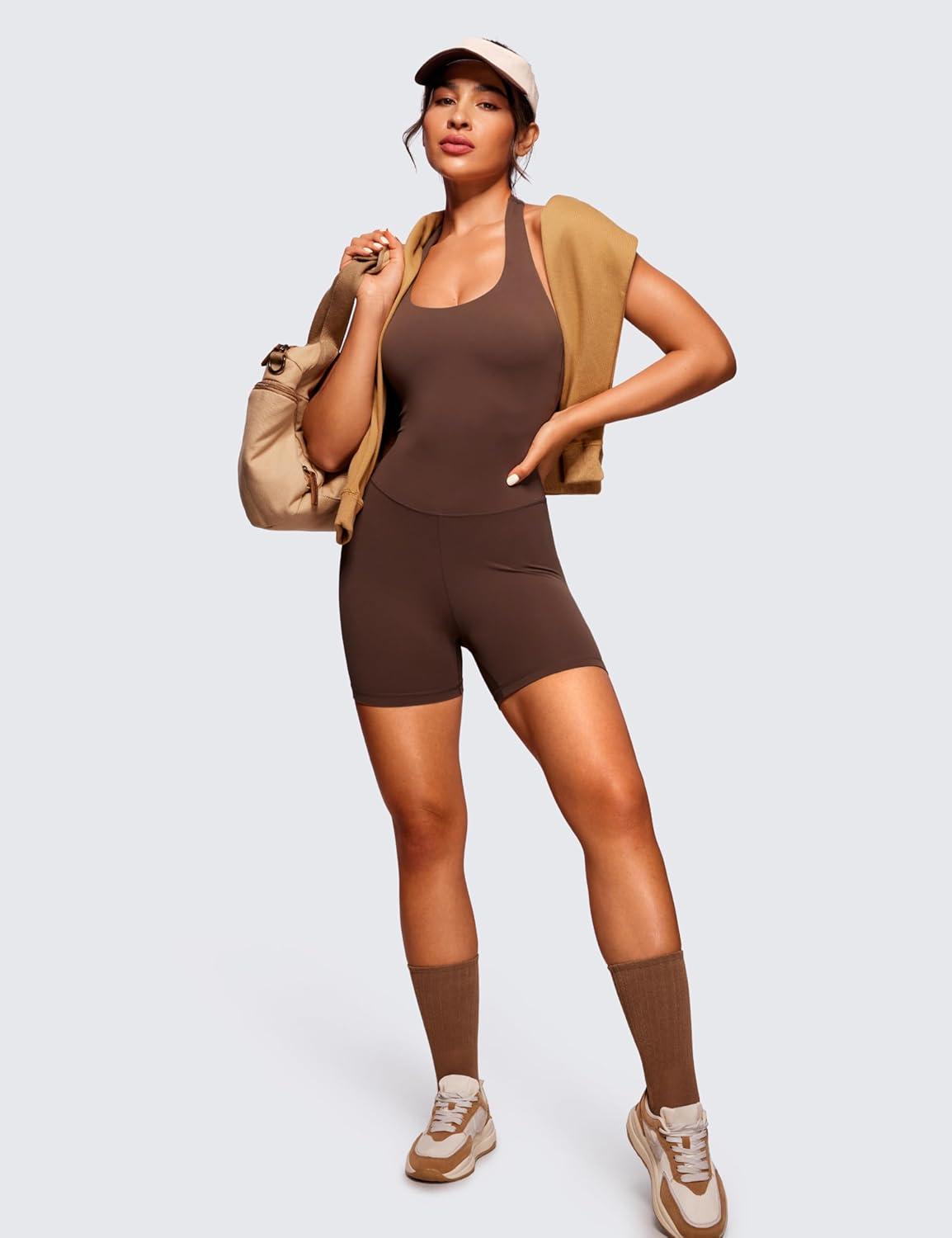 imageCRZ YOGA Butterluxe Halter Backless Athletic Rompers for Women Workout Bodycon One Piece Shorts Jumpsuit with PadsCoffee Brown