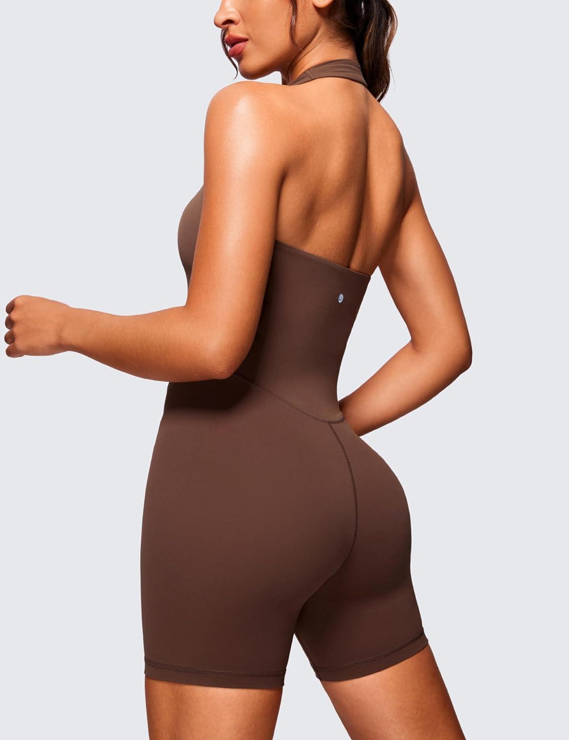 imageCRZ YOGA Butterluxe Halter Backless Athletic Rompers for Women Workout Bodycon One Piece Shorts Jumpsuit with PadsCoffee Brown
