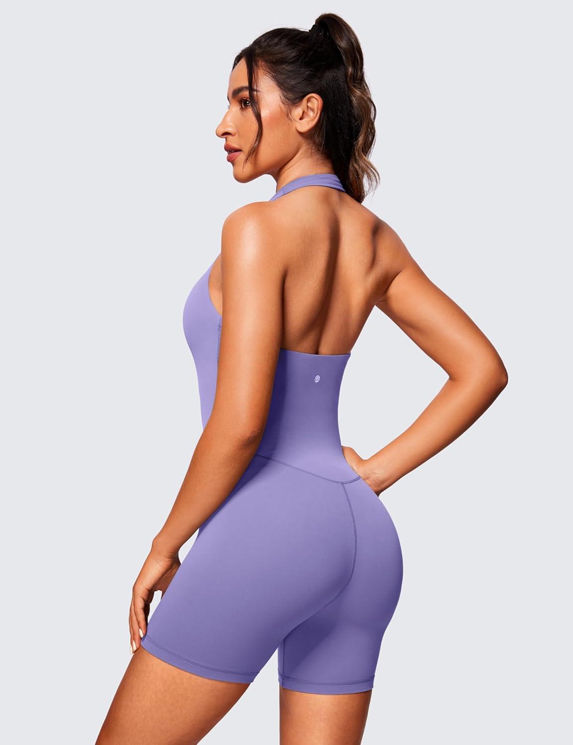 imageCRZ YOGA Butterluxe Halter Backless Athletic Rompers for Women Workout Bodycon One Piece Shorts Jumpsuit with PadsDark Lavender Purple