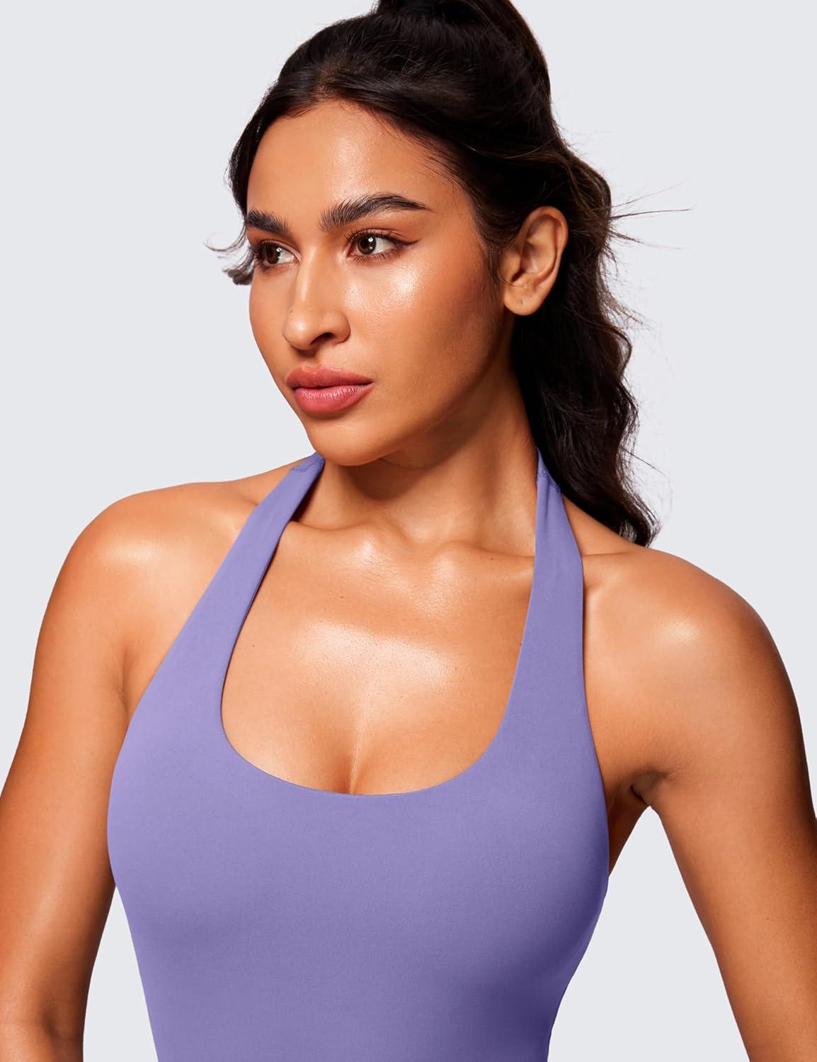 imageCRZ YOGA Butterluxe Halter Backless Athletic Rompers for Women Workout Bodycon One Piece Shorts Jumpsuit with PadsDark Lavender Purple