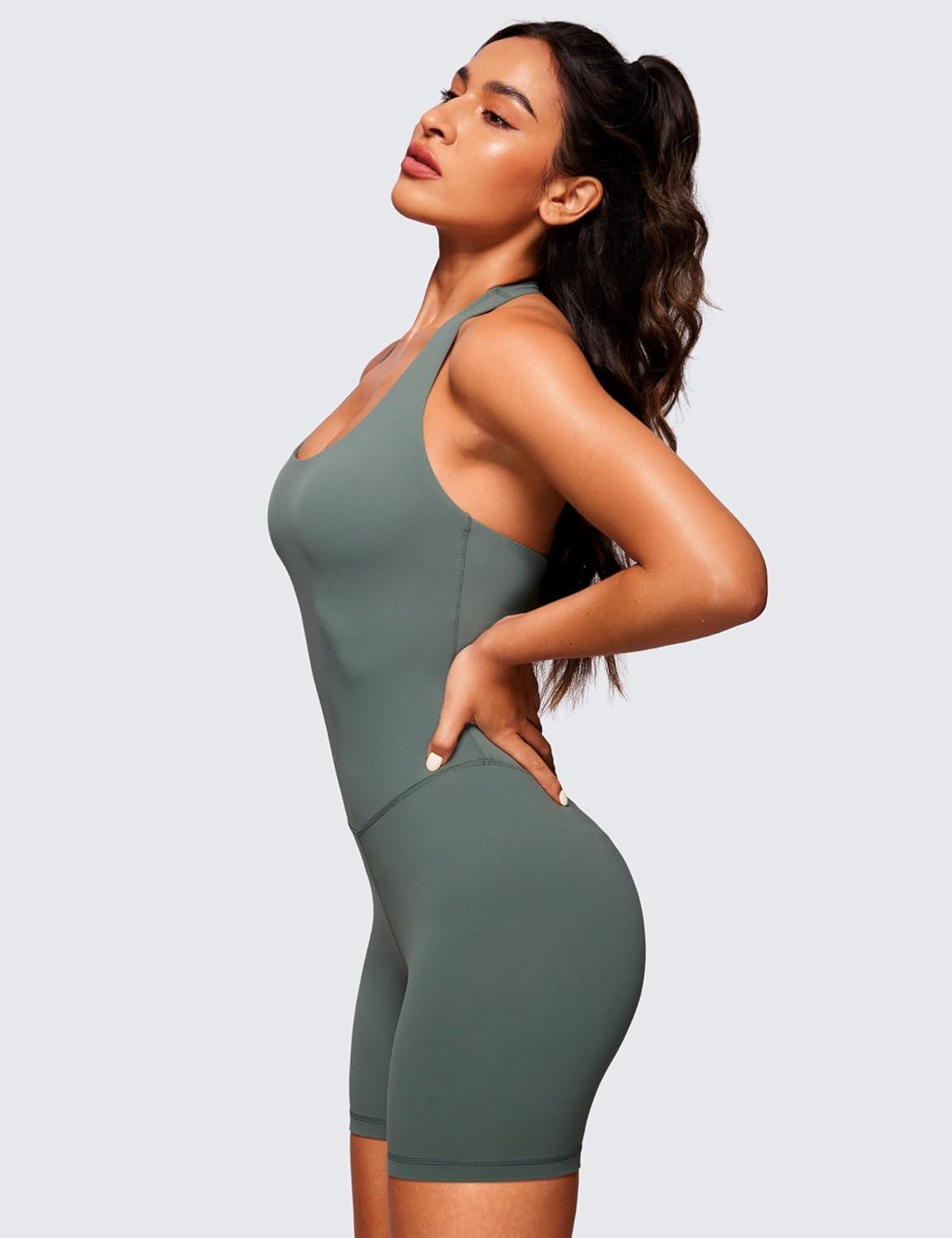 imageCRZ YOGA Butterluxe Halter Backless Athletic Rompers for Women Workout Bodycon One Piece Shorts Jumpsuit with PadsGrey Sage