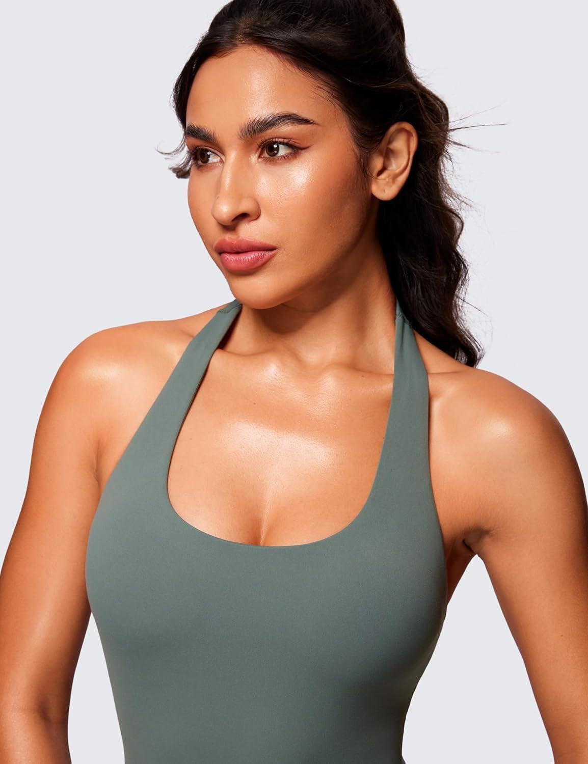 imageCRZ YOGA Butterluxe Halter Backless Athletic Rompers for Women Workout Bodycon One Piece Shorts Jumpsuit with PadsGrey Sage