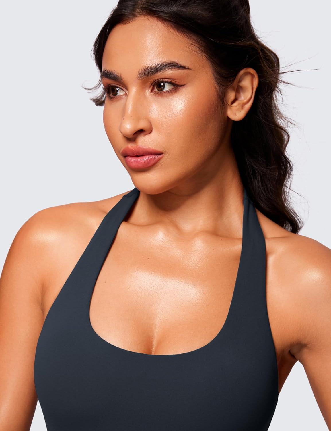 imageCRZ YOGA Butterluxe Halter Backless Athletic Rompers for Women Workout Bodycon One Piece Shorts Jumpsuit with PadsTrue Navy