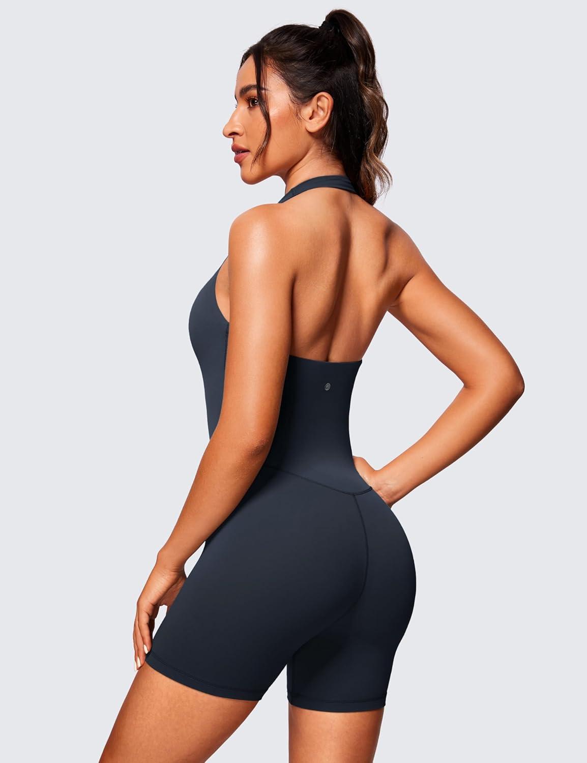 imageCRZ YOGA Butterluxe Halter Backless Athletic Rompers for Women Workout Bodycon One Piece Shorts Jumpsuit with PadsTrue Navy