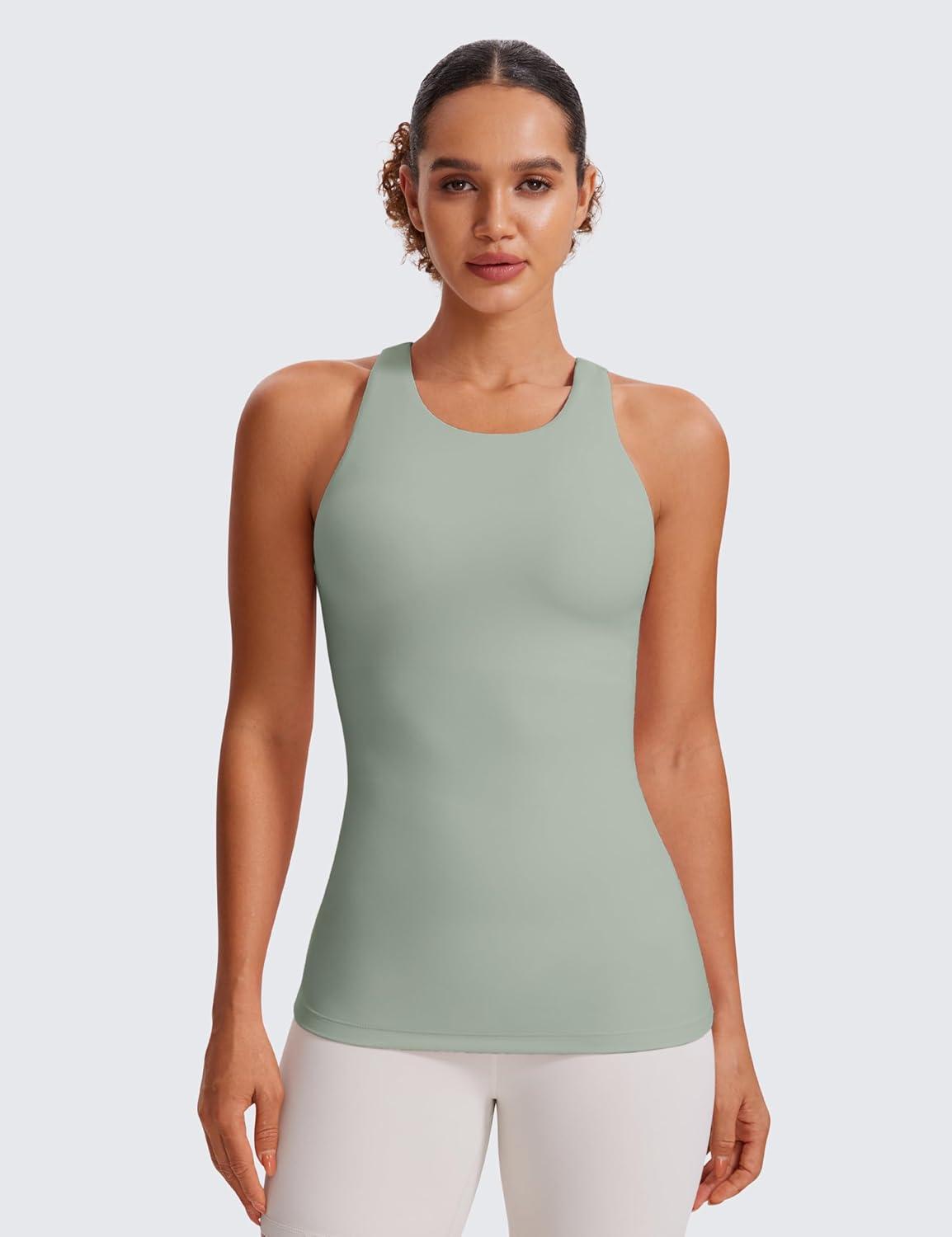 imageCRZ YOGA Butterluxe High Neck Tank Tops for Women Racerback Workout Padded Yoga Athletic Camisole with Built in BraGreen Palm Court