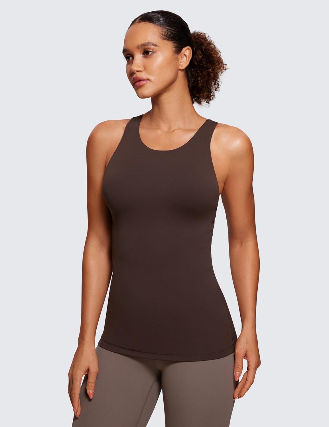 imageCRZ YOGA Butterluxe High Neck Tank Tops for Women Racerback Workout Padded Yoga Athletic Camisole with Built in BraHot Fudge Brown
