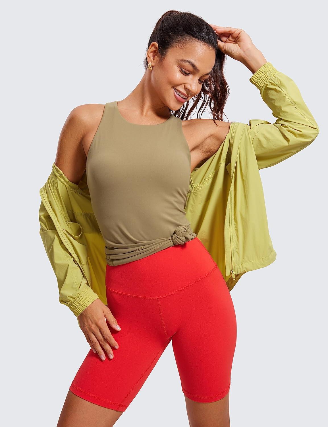 imageCRZ YOGA Butterluxe High Neck Tank Tops for Women Racerback Workout Padded Yoga Athletic Camisole with Built in BraSoul Brown