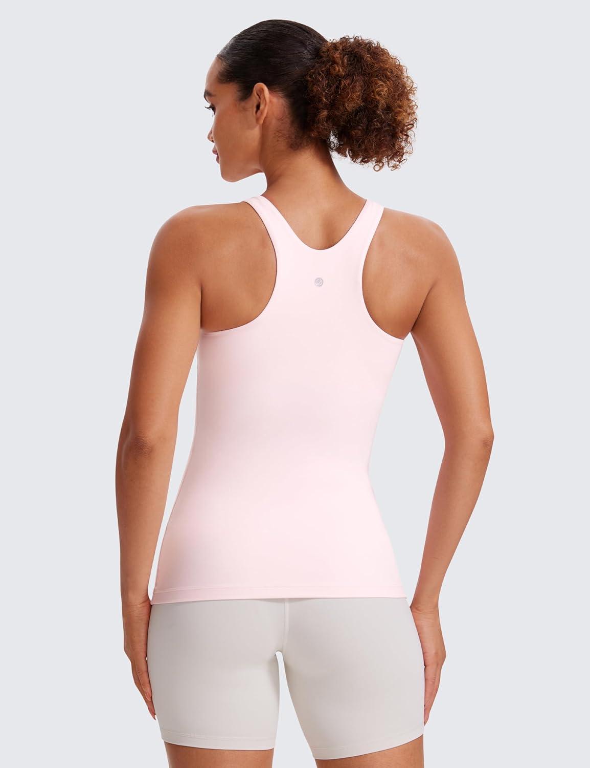 imageCRZ YOGA Butterluxe High Neck Tank Tops for Women Racerback Workout Padded Yoga Athletic Camisole with Built in BraStrawberry Pink