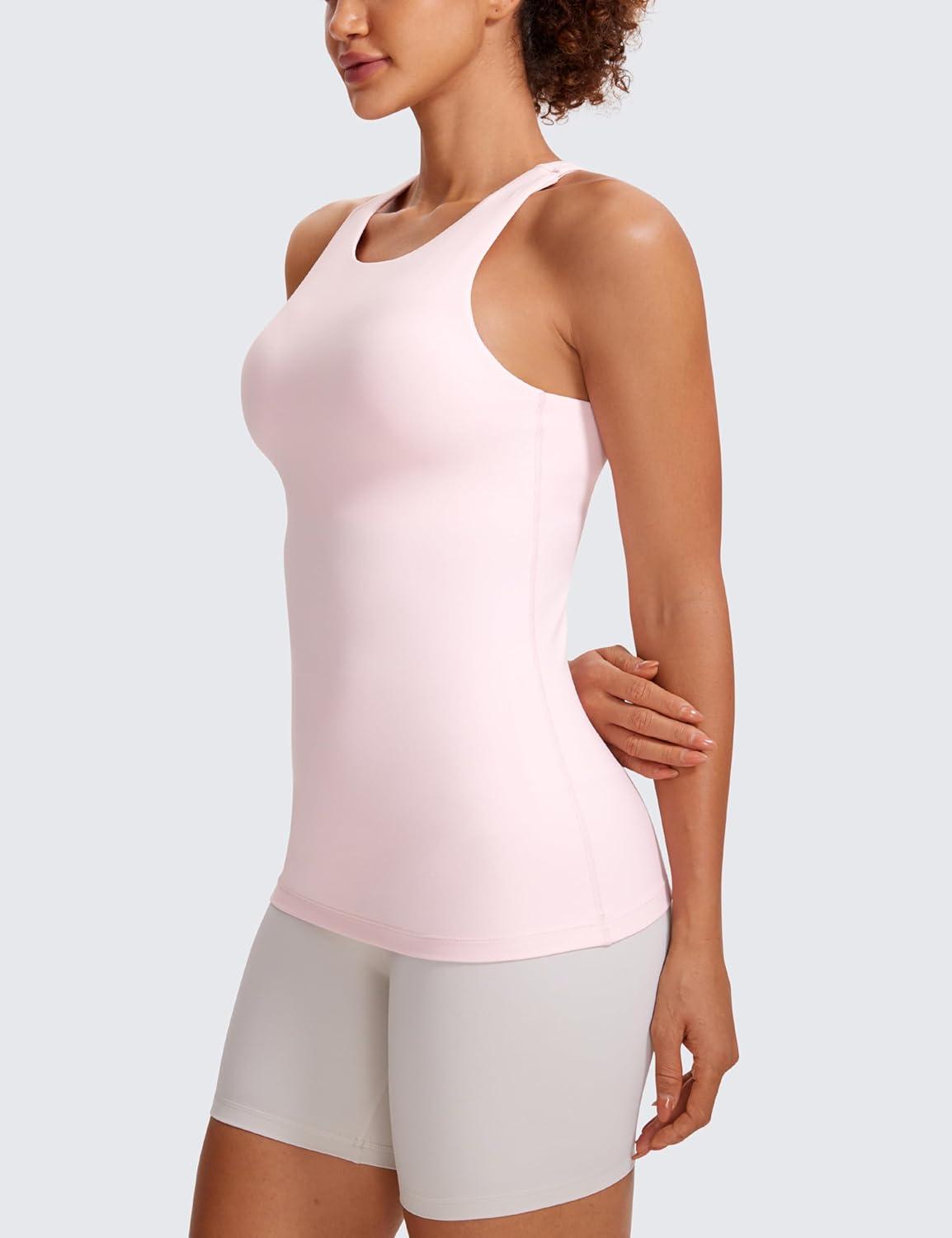 imageCRZ YOGA Butterluxe High Neck Tank Tops for Women Racerback Workout Padded Yoga Athletic Camisole with Built in BraStrawberry Pink