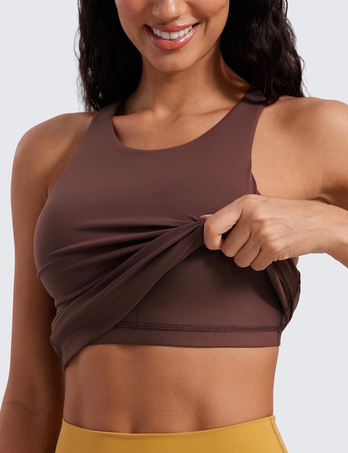 imageCRZ YOGA Butterluxe High Neck Tank Tops for Women Racerback Workout Padded Yoga Athletic Camisole with Built in BraTaupe