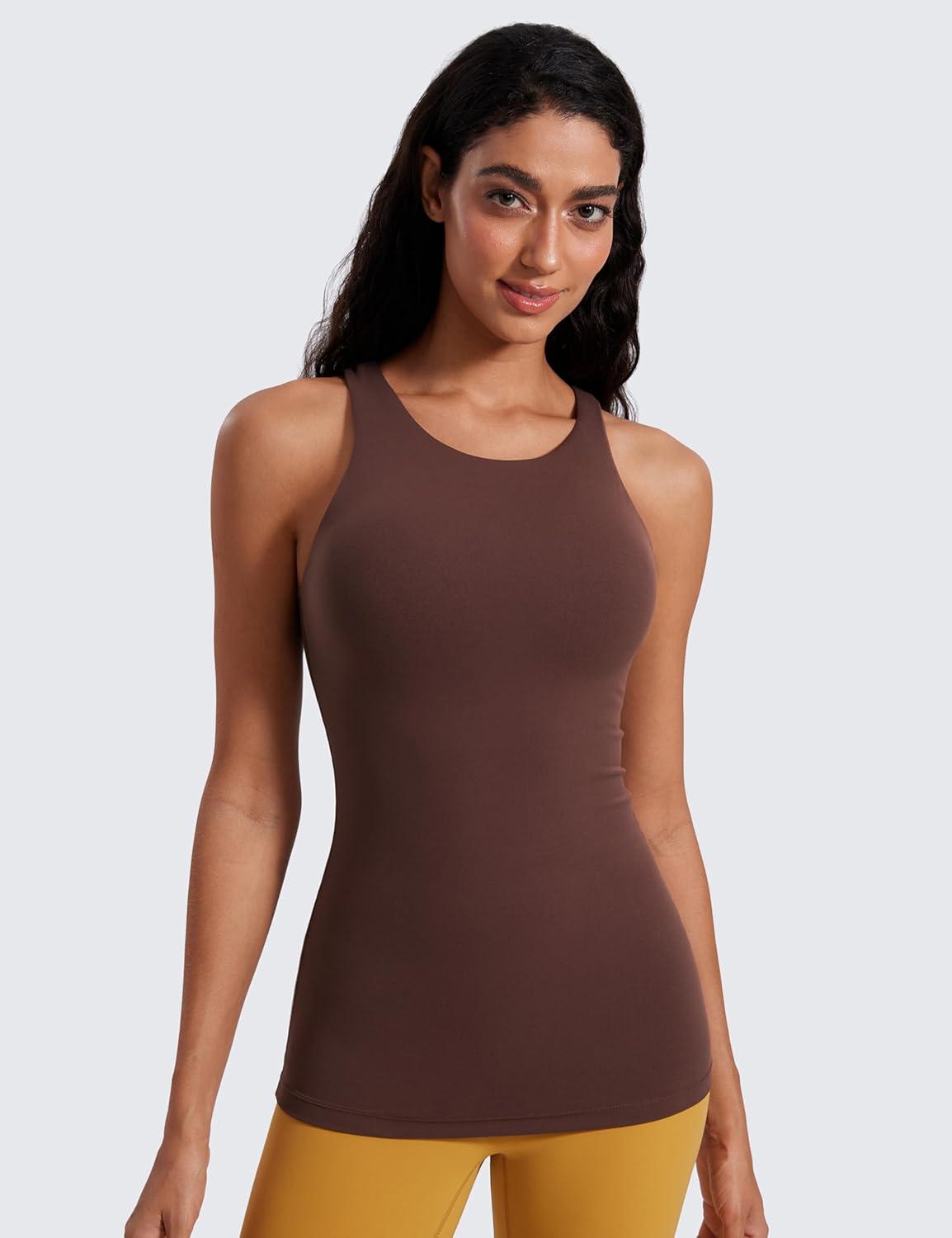imageCRZ YOGA Butterluxe High Neck Tank Tops for Women Racerback Workout Padded Yoga Athletic Camisole with Built in BraTaupe