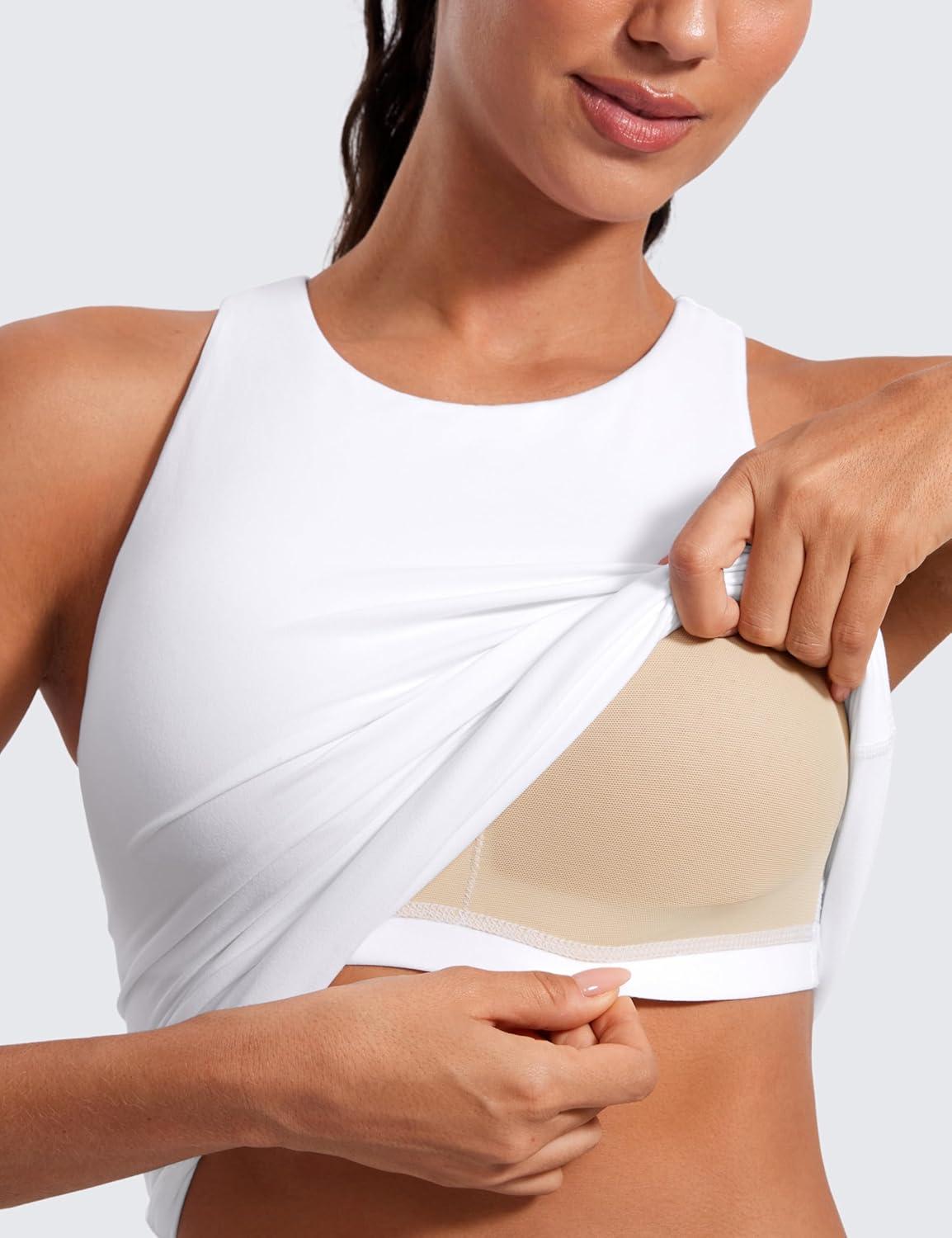 imageCRZ YOGA Butterluxe High Neck Tank Tops for Women Racerback Workout Padded Yoga Athletic Camisole with Built in BraWhite