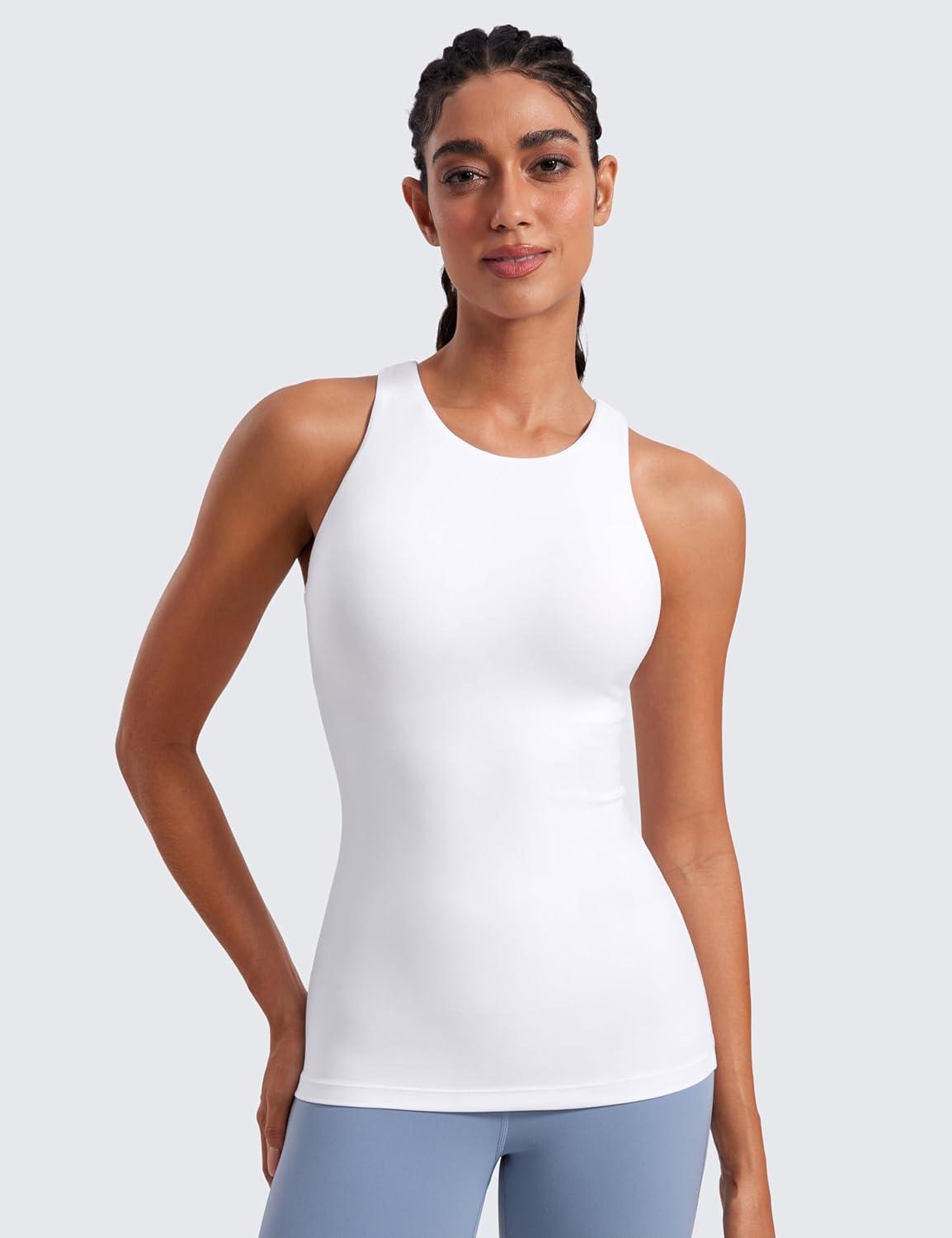 imageCRZ YOGA Butterluxe High Neck Tank Tops for Women Racerback Workout Padded Yoga Athletic Camisole with Built in BraWhite