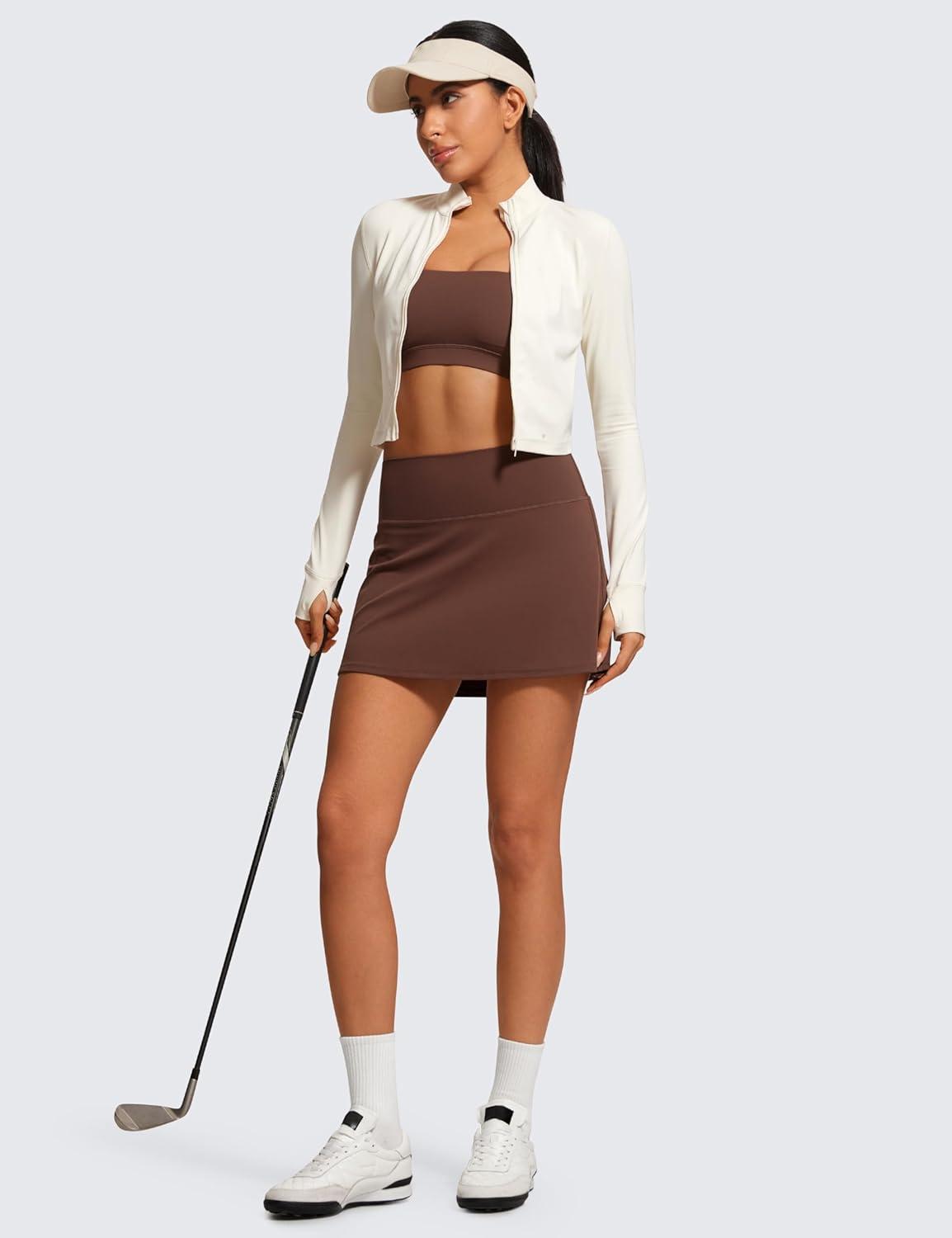 imageCRZ YOGA Butterluxe High Waisted Tennis Skirts for Women Mini Lined A Line Golf Casual Skort with Inner PocketsCoffee Brown