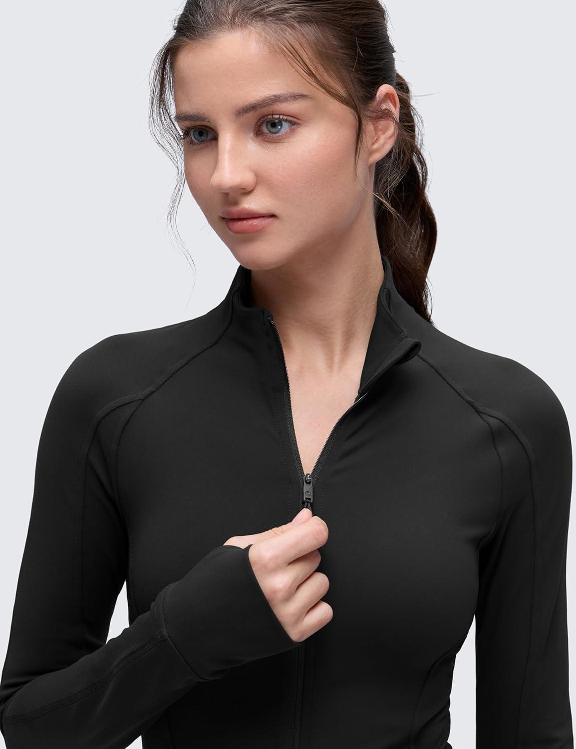 imageCRZ YOGA Butterluxe Hip Length Jackets for Women Full Zip Athletic Track Tops with Thumb Holes PocketsBlack