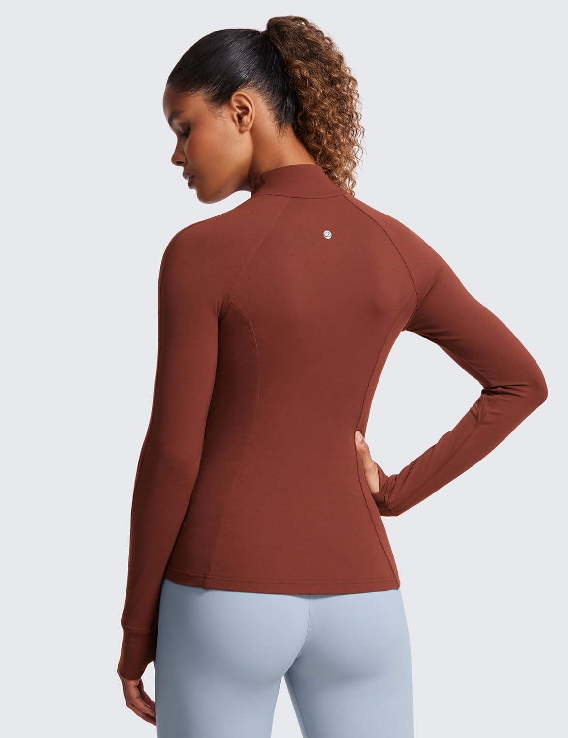 imageCRZ YOGA Butterluxe Hip Length Jackets for Women Full Zip Athletic Track Tops with Thumb Holes PocketsJujube Brown