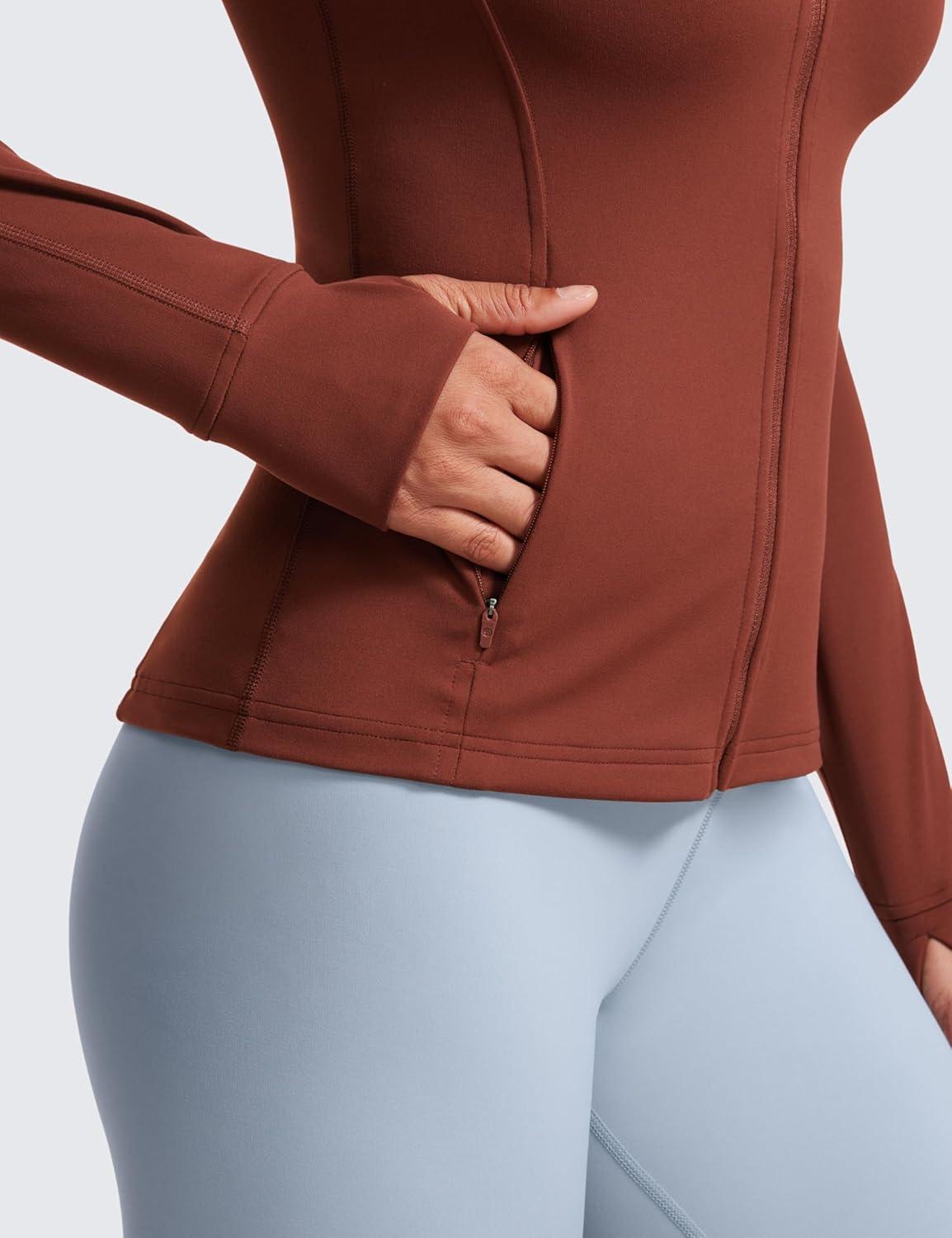 imageCRZ YOGA Butterluxe Hip Length Jackets for Women Full Zip Athletic Track Tops with Thumb Holes PocketsJujube Brown