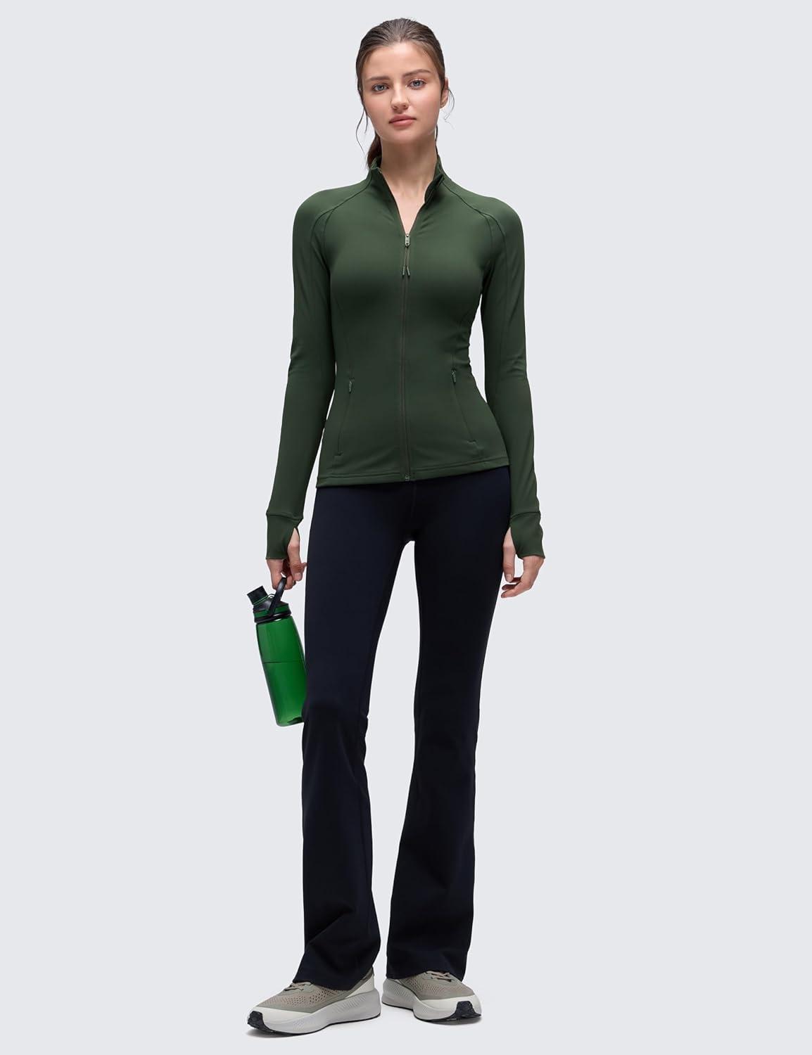 imageCRZ YOGA Butterluxe Hip Length Jackets for Women Full Zip Athletic Track Tops with Thumb Holes PocketsLegend Green