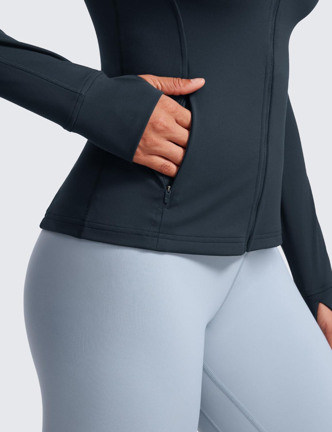 imageCRZ YOGA Butterluxe Hip Length Jackets for Women Full Zip Athletic Track Tops with Thumb Holes PocketsTrue Navy