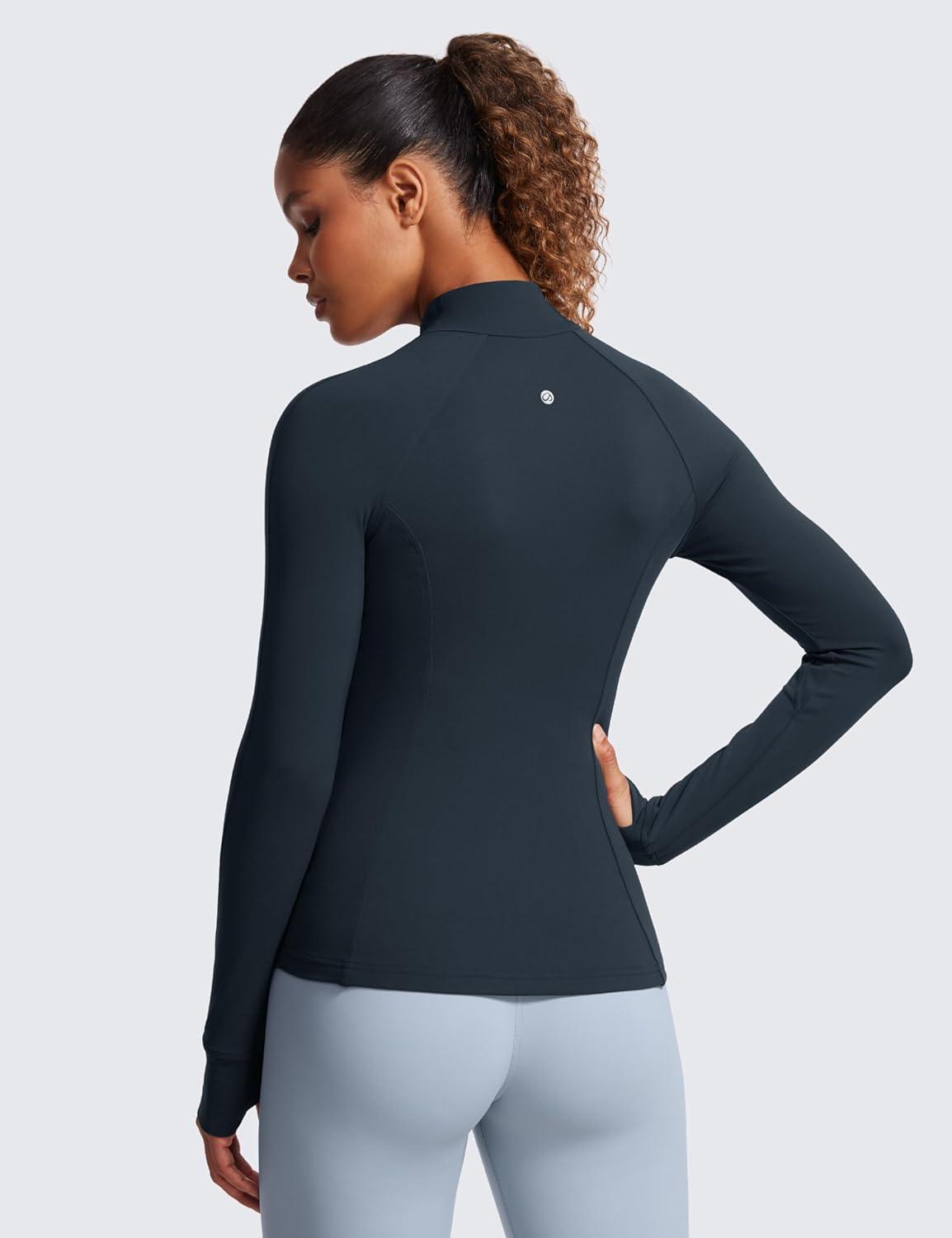 imageCRZ YOGA Butterluxe Hip Length Jackets for Women Full Zip Athletic Track Tops with Thumb Holes PocketsTrue Navy