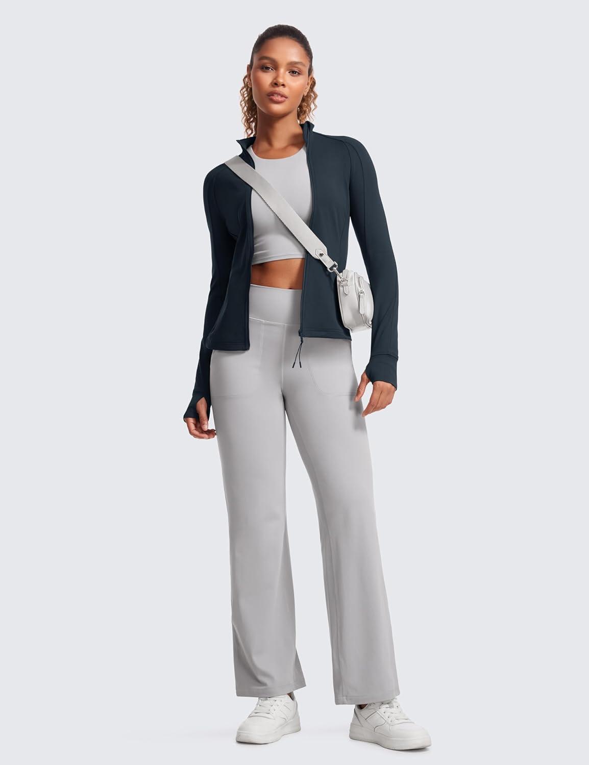 imageCRZ YOGA Butterluxe Hip Length Jackets for Women Full Zip Athletic Track Tops with Thumb Holes PocketsTrue Navy