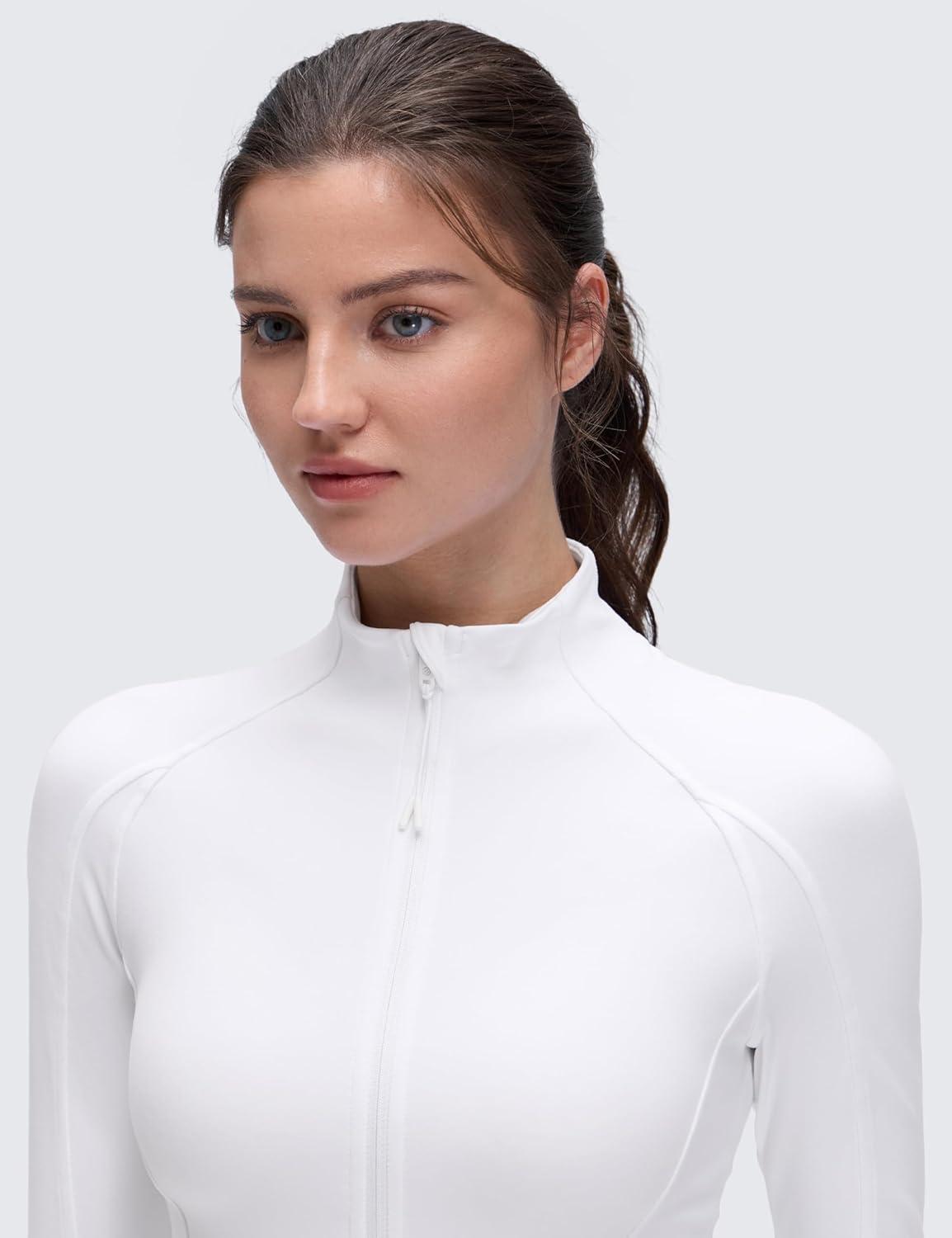 imageCRZ YOGA Butterluxe Hip Length Jackets for Women Full Zip Athletic Track Tops with Thumb Holes PocketsWhite