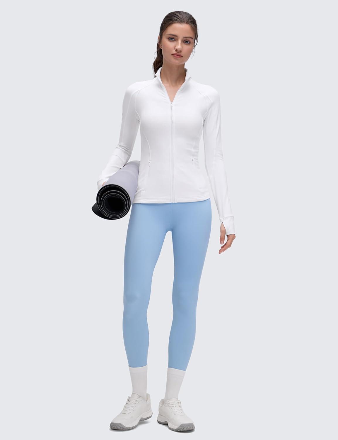 imageCRZ YOGA Butterluxe Hip Length Jackets for Women Full Zip Athletic Track Tops with Thumb Holes PocketsWhite