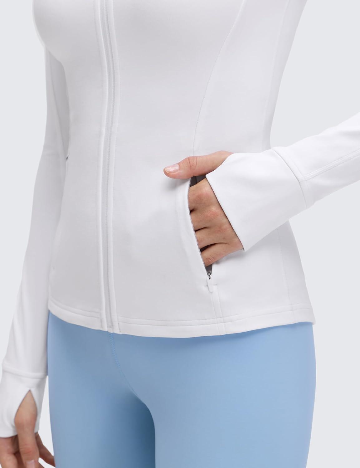 imageCRZ YOGA Butterluxe Hip Length Jackets for Women Full Zip Athletic Track Tops with Thumb Holes PocketsWhite