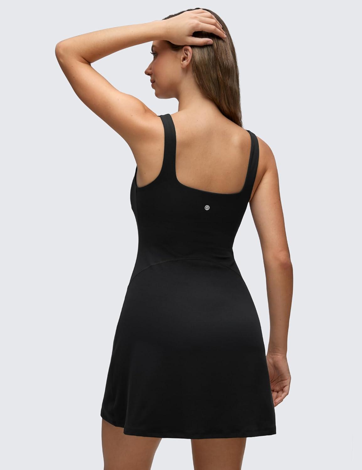 imageCRZ YOGA Butterluxe Linerless Square Neck Tennis Dress for Women A Line Casual Outfits with Shelf Bra No Builtin ShortsBlack