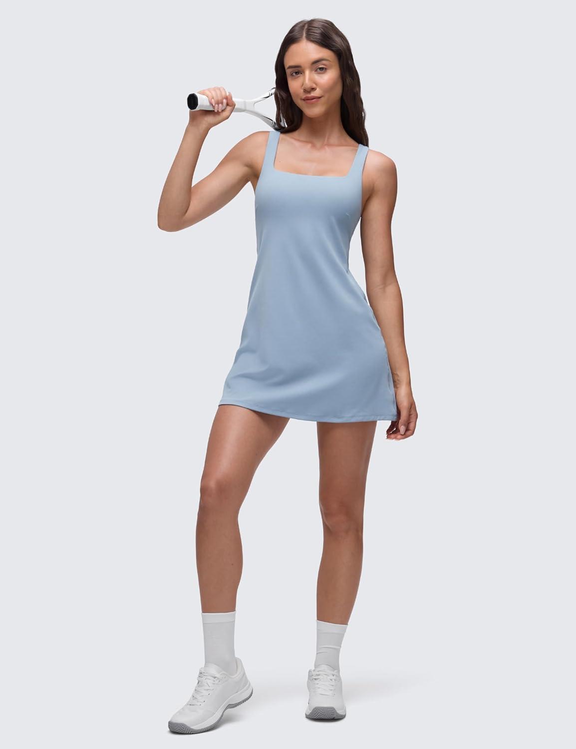 imageCRZ YOGA Butterluxe Linerless Square Neck Tennis Dress for Women A Line Casual Outfits with Shelf Bra No Builtin ShortsCambric Blue