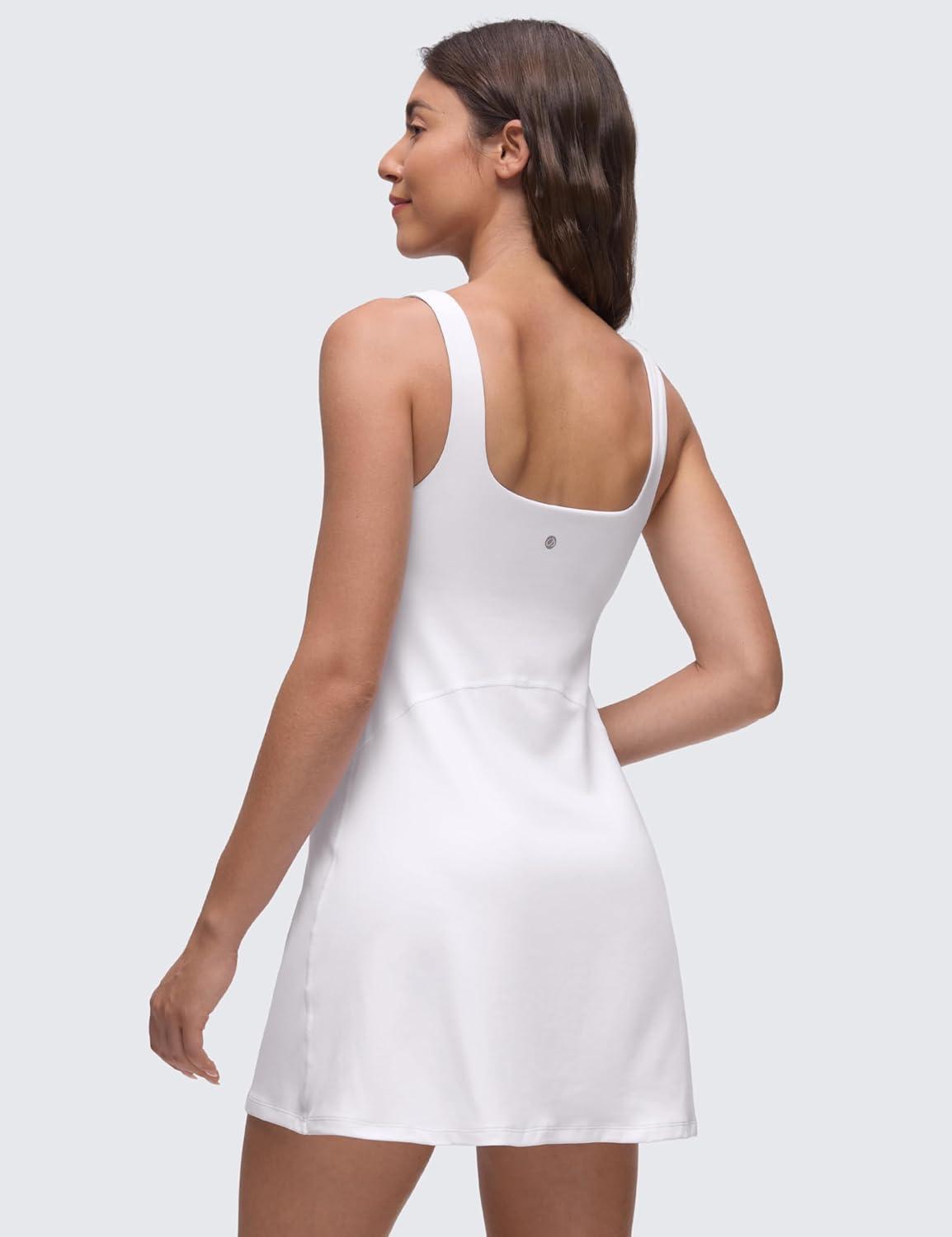 imageCRZ YOGA Butterluxe Linerless Square Neck Tennis Dress for Women A Line Casual Outfits with Shelf Bra No Builtin ShortsWhite