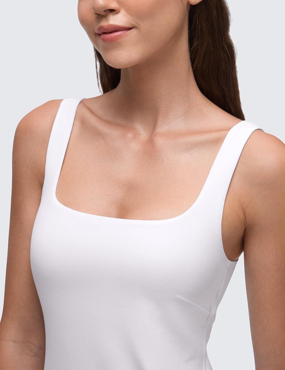 imageCRZ YOGA Butterluxe Linerless Square Neck Tennis Dress for Women A Line Casual Outfits with Shelf Bra No Builtin ShortsWhite