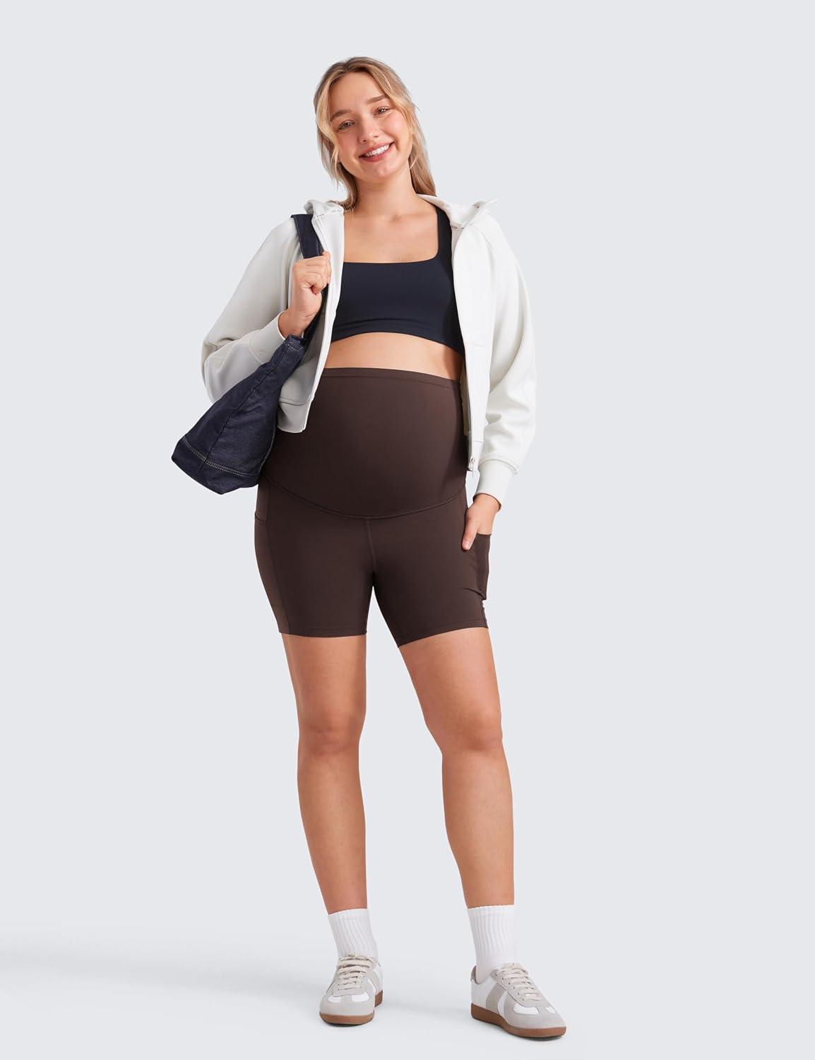 imageCRZ YOGA Butterluxe Maternity Biker Shorts Pockets 5quot Over The Belly Pregnancy Womens Yoga Workout Athletic Buttery SoftHot Fudge Brown