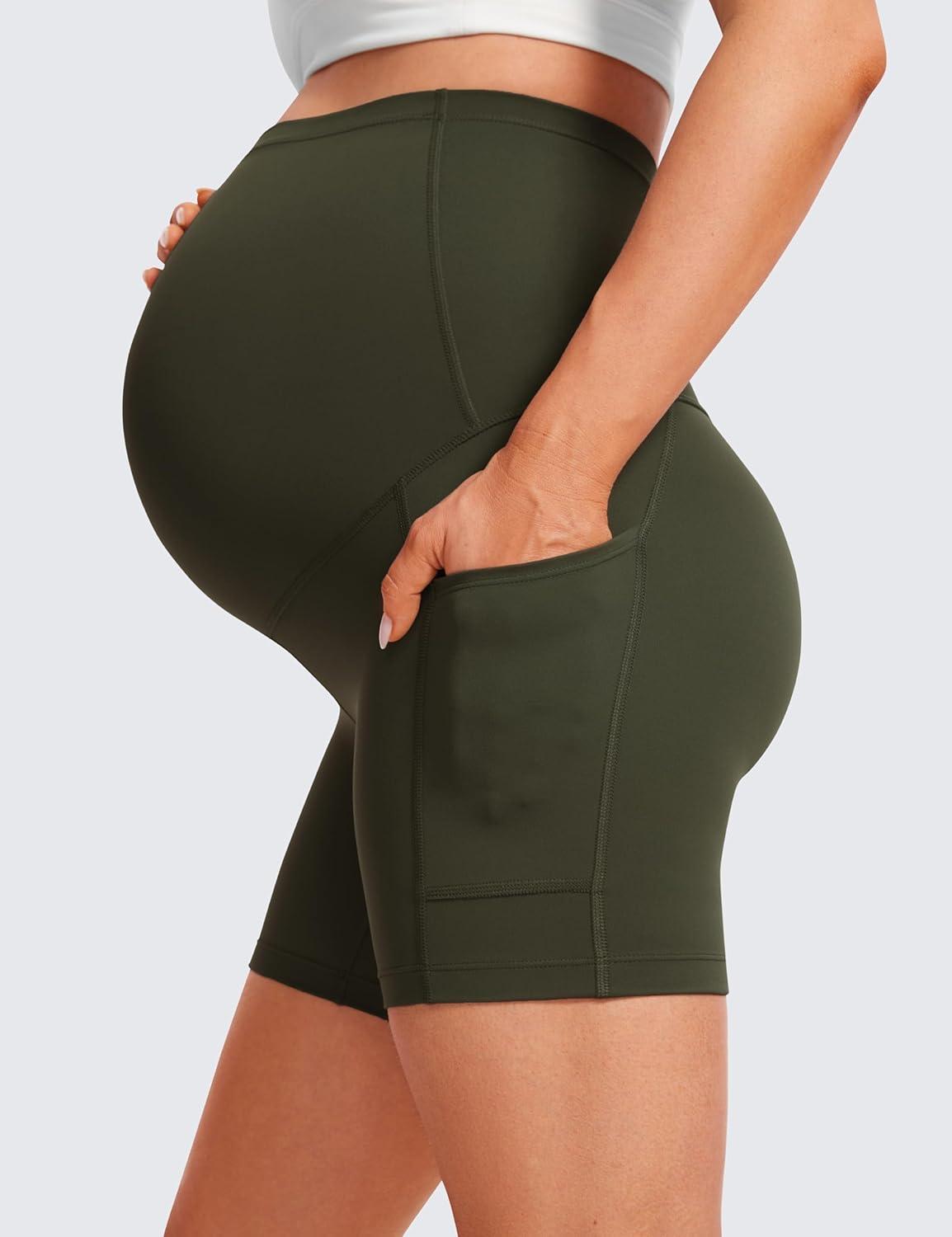 imageCRZ YOGA Butterluxe Maternity Biker Shorts Pockets 5quot Over The Belly Pregnancy Womens Yoga Workout Athletic Buttery SoftOlive Green